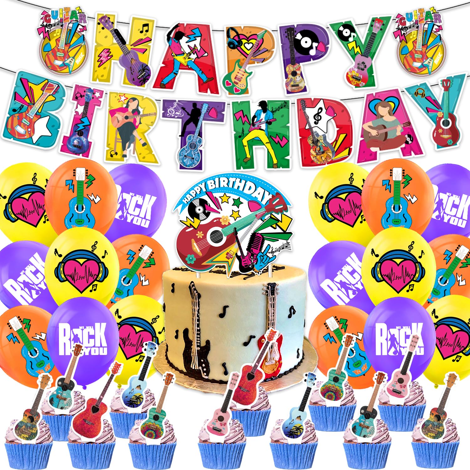 32Pcs Music Birthday Party Set, Rock Guitar Theme Birthday Decoration Supplies, Note Guitar Banner Balloon Cake Decoration, 70s 80s Rock Party Supplies,Music Cake Decoration
