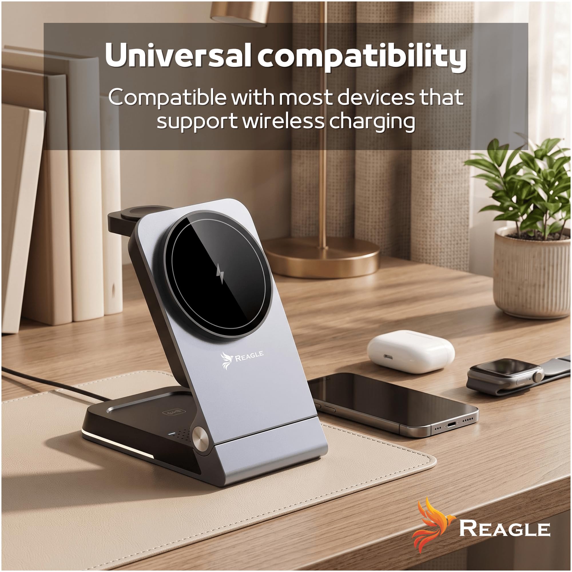 Reagle Station de Charge sans Fil Qi2 3-en-1 15 W, Chargeur Magnétique Pliable, Compatible avec iPhone 17/16/15/14/13/12, Apple Watch, AirPods, Pixel, Veilleuse, USB-C, Graphite