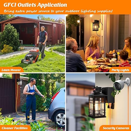 Miniatura 8 de Kondras Luz de porche con sensor de movimiento con salidas GFCI, luz de pared al aire libre del atardecer al amanecer, color negro, 3 modos de luz