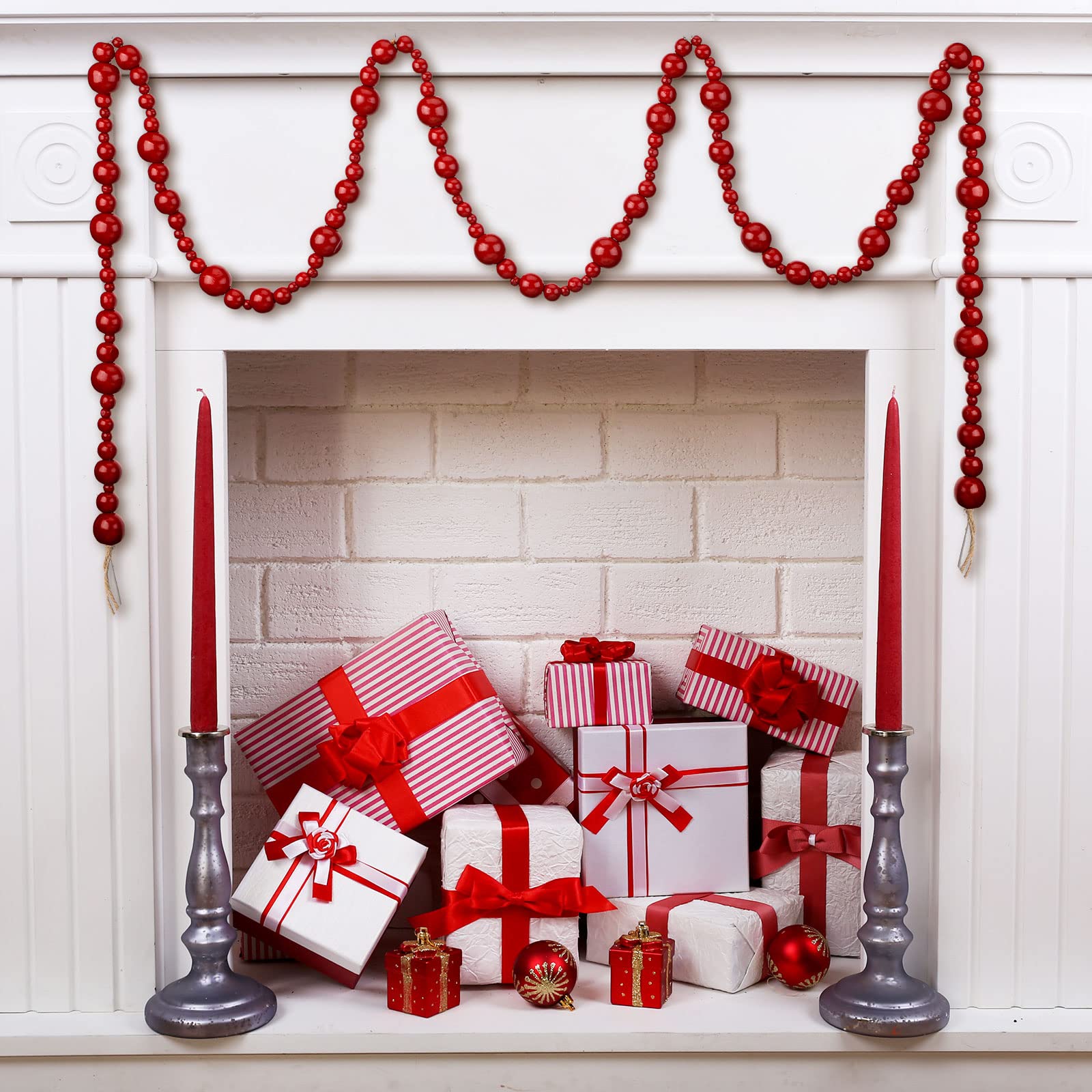 Lot de 2 guirlandes de perles de Noël en bois de 2,4 m - Guirlande de Noël rustique - Guirlande de perles décoratives bohème pour sapin de Noël - Décoration d'intérieur (rouge foncé)