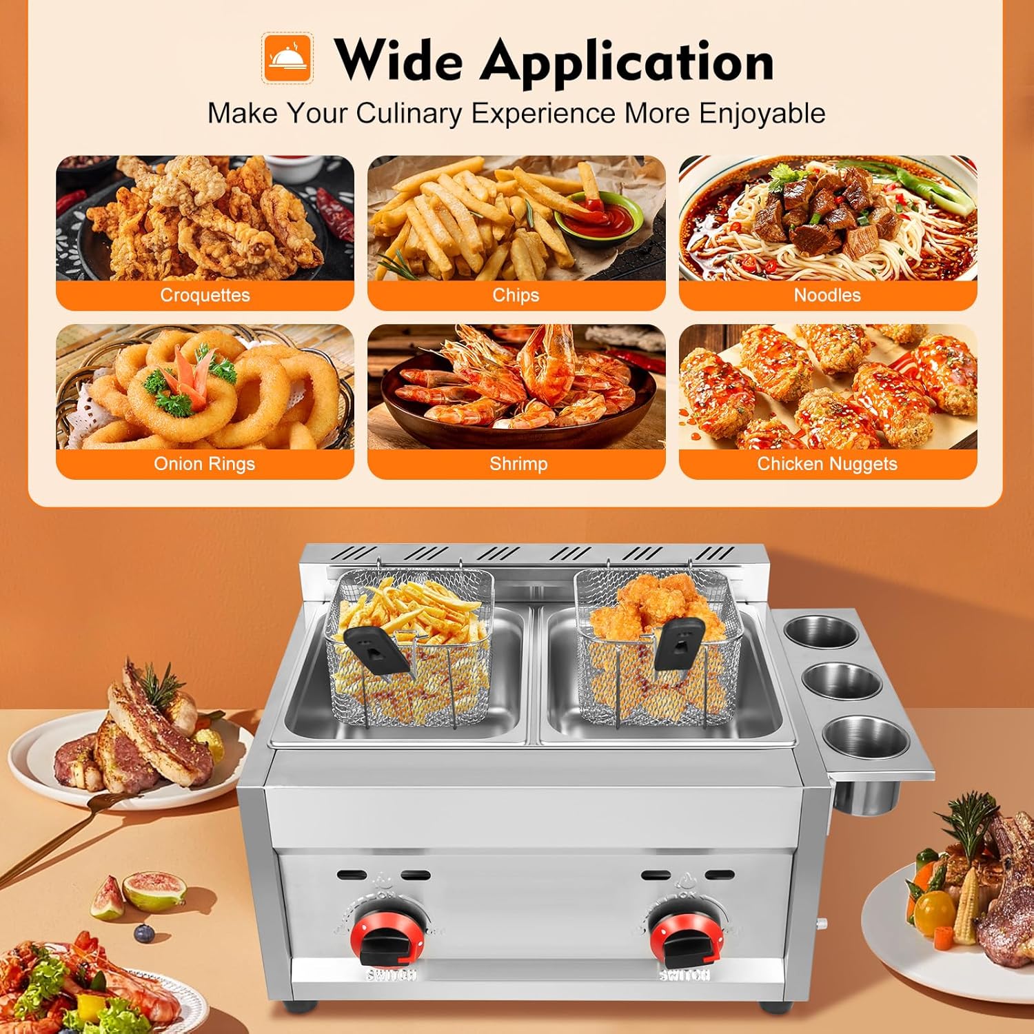 Commercial Gas Deep Fryer 12L Countertop Stainless Steel Dual Tank Kitchen Frying Machine w/2 Removable Baskets & Lid, Double Fryer for French Fries Turkey Donuts Home Kitchen Restaurant