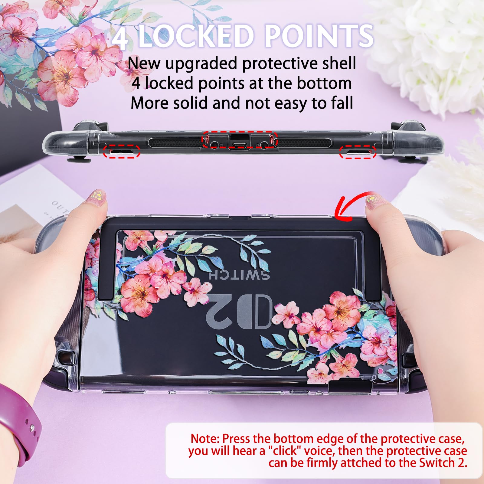 DLseego Protective Case Flower Floral Clear Switch 2 (2025), Detachable Joy-Handle Protective Case 2-Piece Split Full Wrap PC Hard Shell Anti-Scratch All-Round Protection Cover, Peach Blossom, Pink - 5