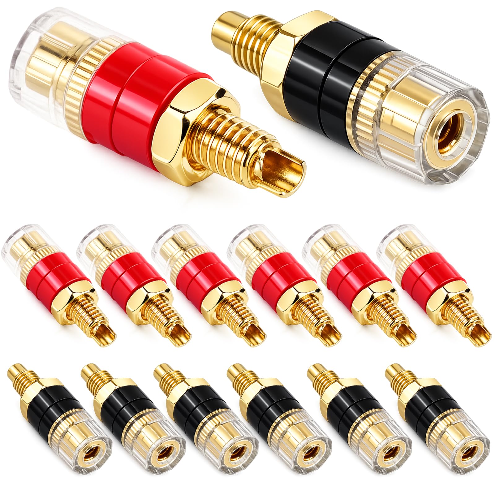 CLYXGS 14PCS (7 Red + 7 Black), Transparent Binding Post, M6 Thread Gold-Plated Copper Screw Rod, 4mm Banana Jack Terminal Connector, 20A High Current, for HiFi Speaker Amplifier Audio Equipment