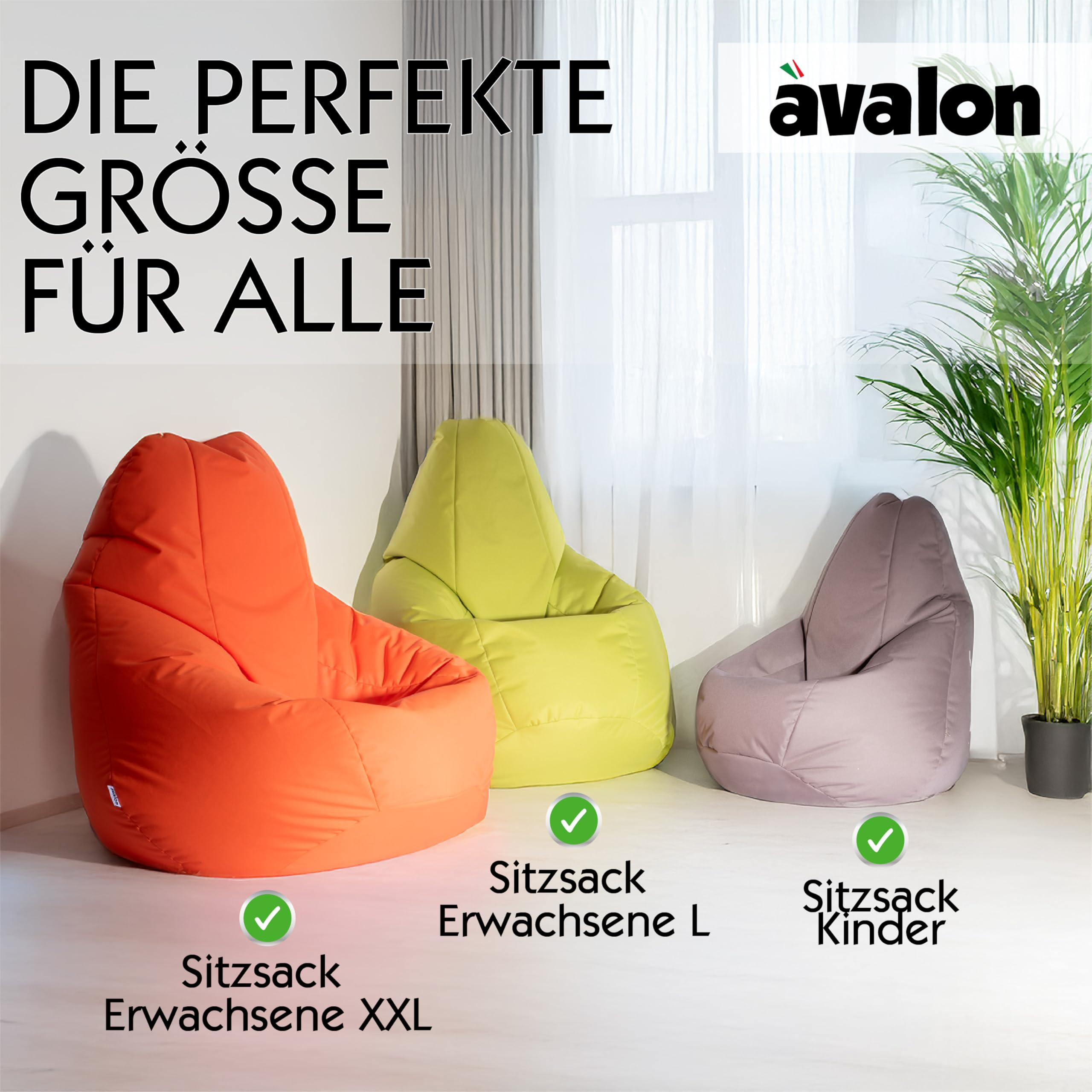 Avalon - Sitzsack Erwachsene L Jive, Bean Bag aus Reißfestem Technischem Gewebe, Ergonomischer Gaming Sitzsack mit Füllung, Komfortable Moderne Sitzsäcke, Made in Italy (80x80x125cm, Giftgrün)