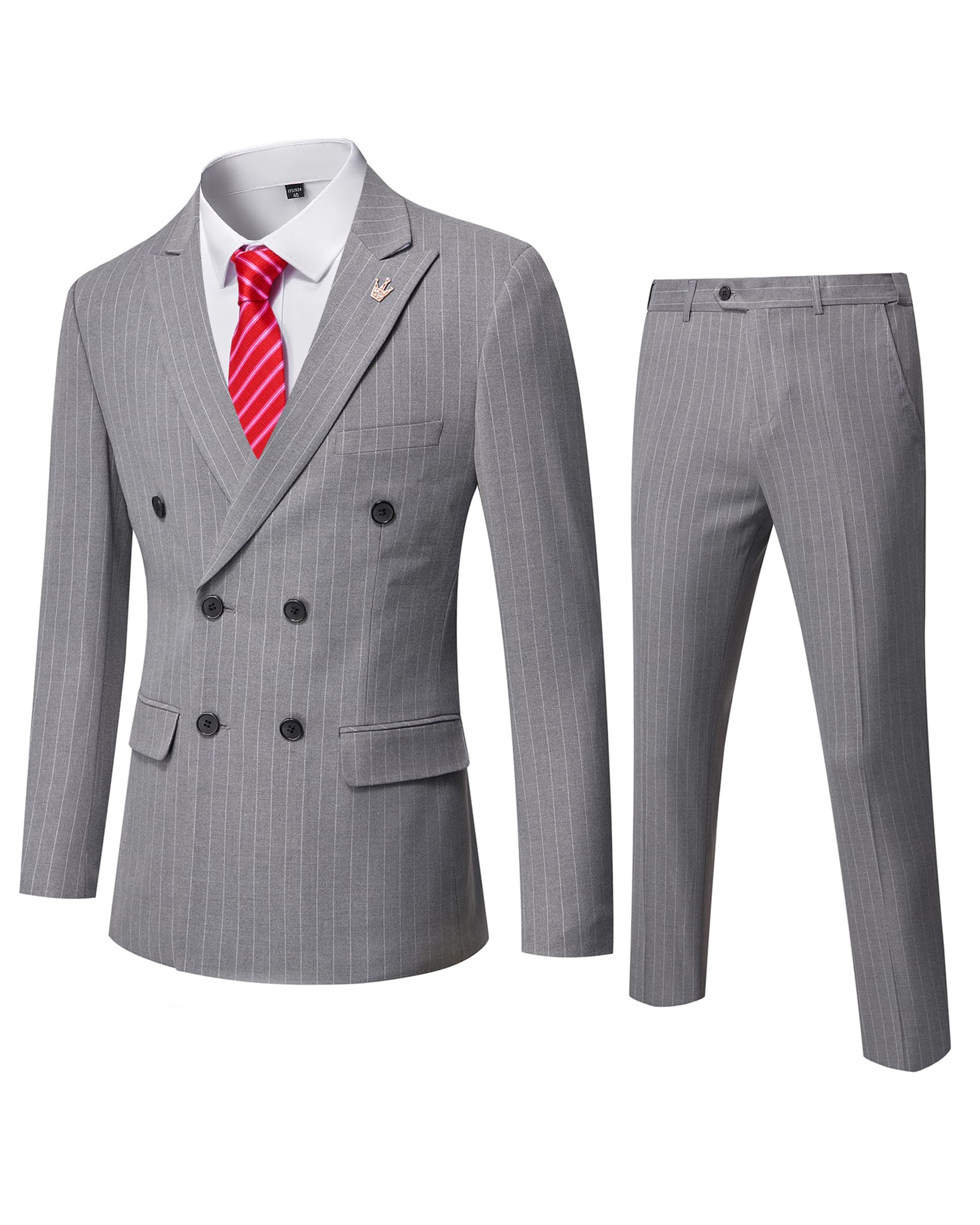 YND Men's 2 Piece Double-Breasted Suit, Slim Fit Stripe Tuxedo Set with Tie, Party Wedding Dress Blazer, Tux and Trousers