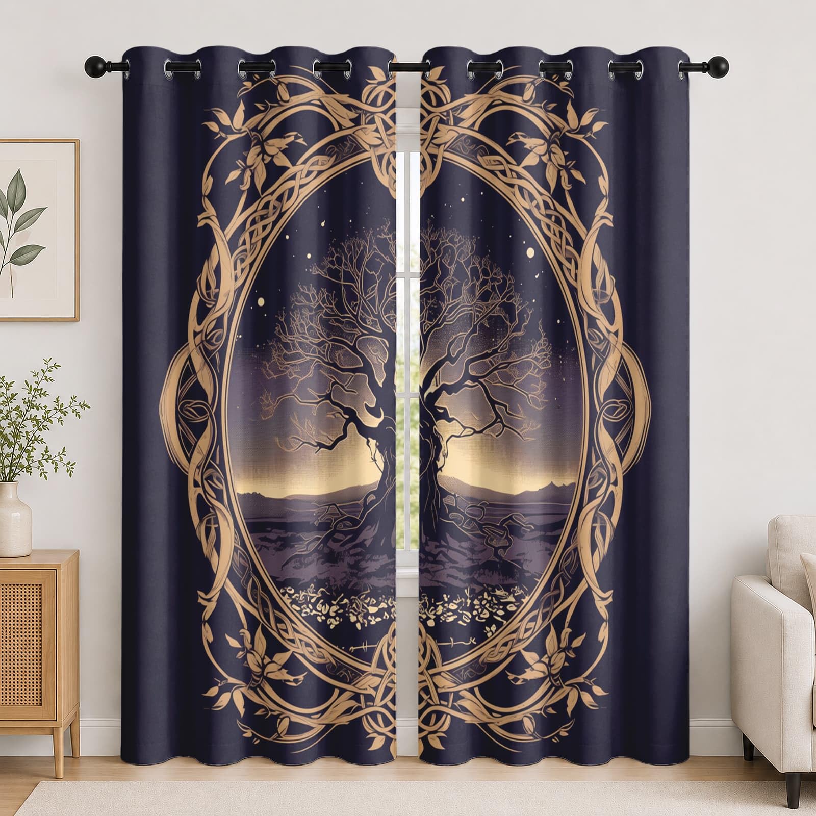 Genérico Aislantes Cortinas Opacas para NiñOs 140An x 260Al cm (2 Paneles), Tema del árbol de la Vida PoliéSter Cortinas Privacidad Morado Cortina con Ojales para Sala de Estar y Dormitorios