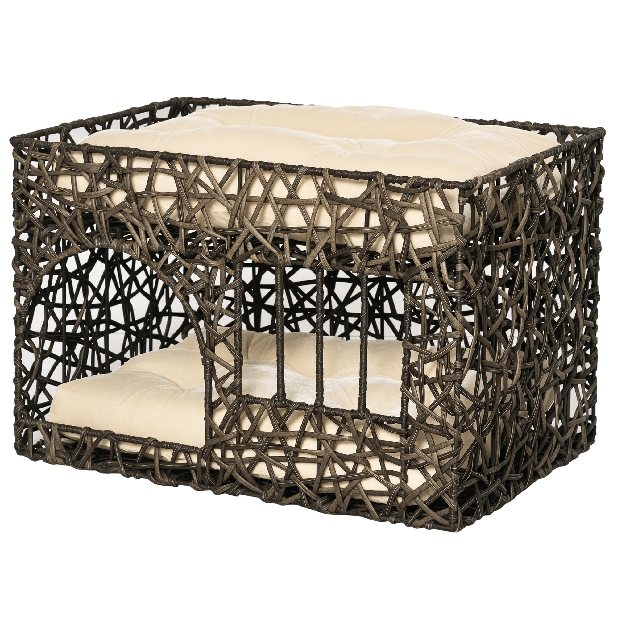 PawHut Cesta de Ratán para Gatos con 2 Cojines 56x41x45 cm Café Oscuro | Suaves, Ventana de 2 Alturas, Cama Cueva de Gatos