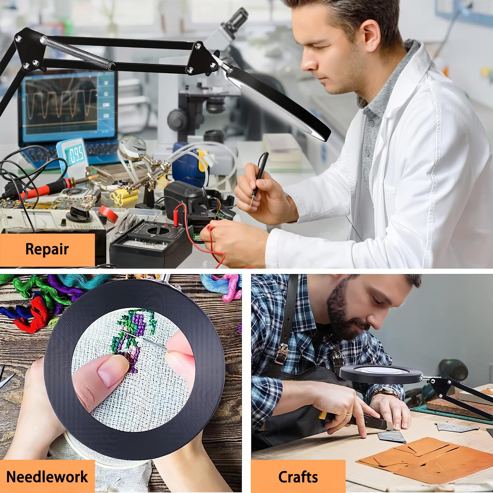 15X Magnifying Glass with Light, LED Desk Lamp with Base and Clamp, 3 Color Modes, 10 Brightness, 72 LEDs, 4.2" Diameter Real Glass Lens LED Magnifying Glasses for Reading Work Repair