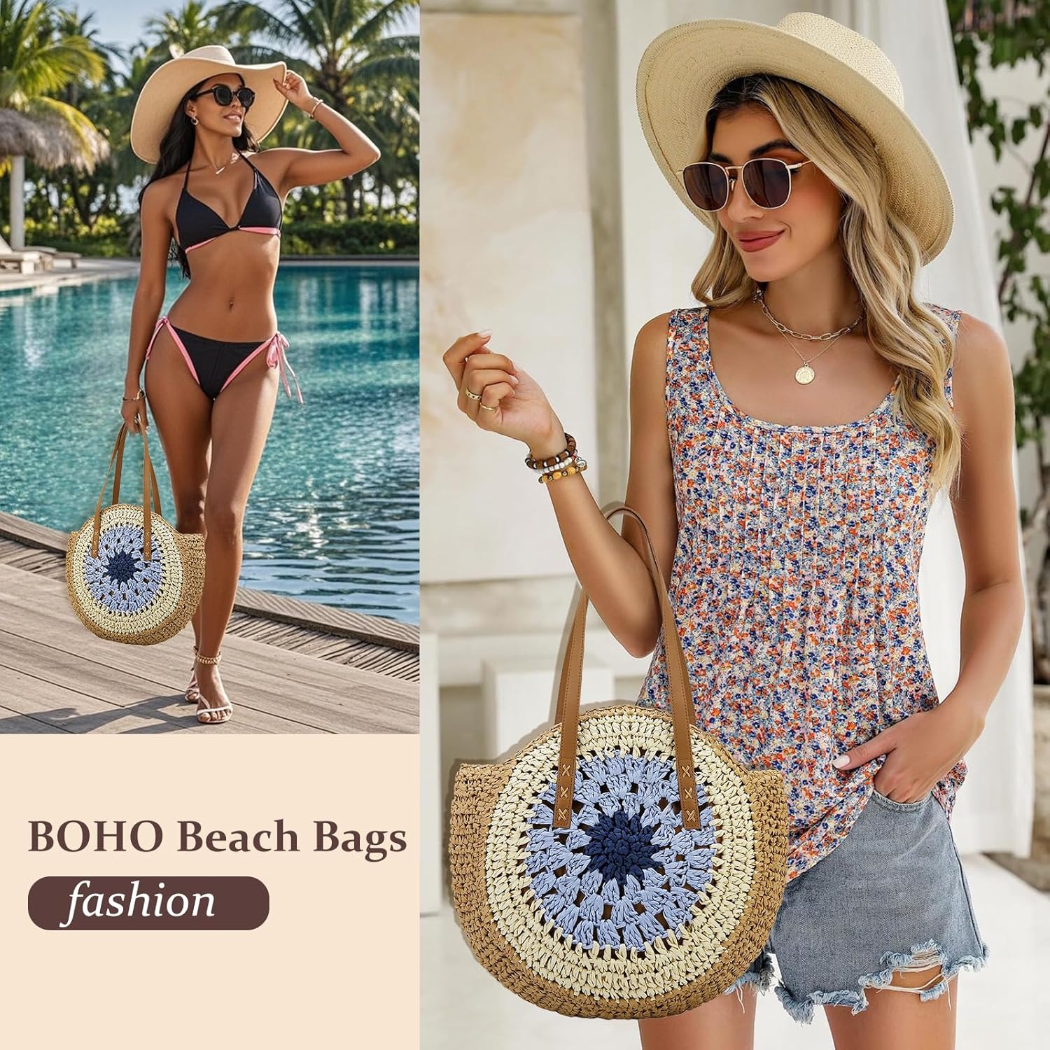 YYW Round Straw Bag Handwoven Natural Summer Beach Shoulder Bag Rattan Crossbody Purse for Women