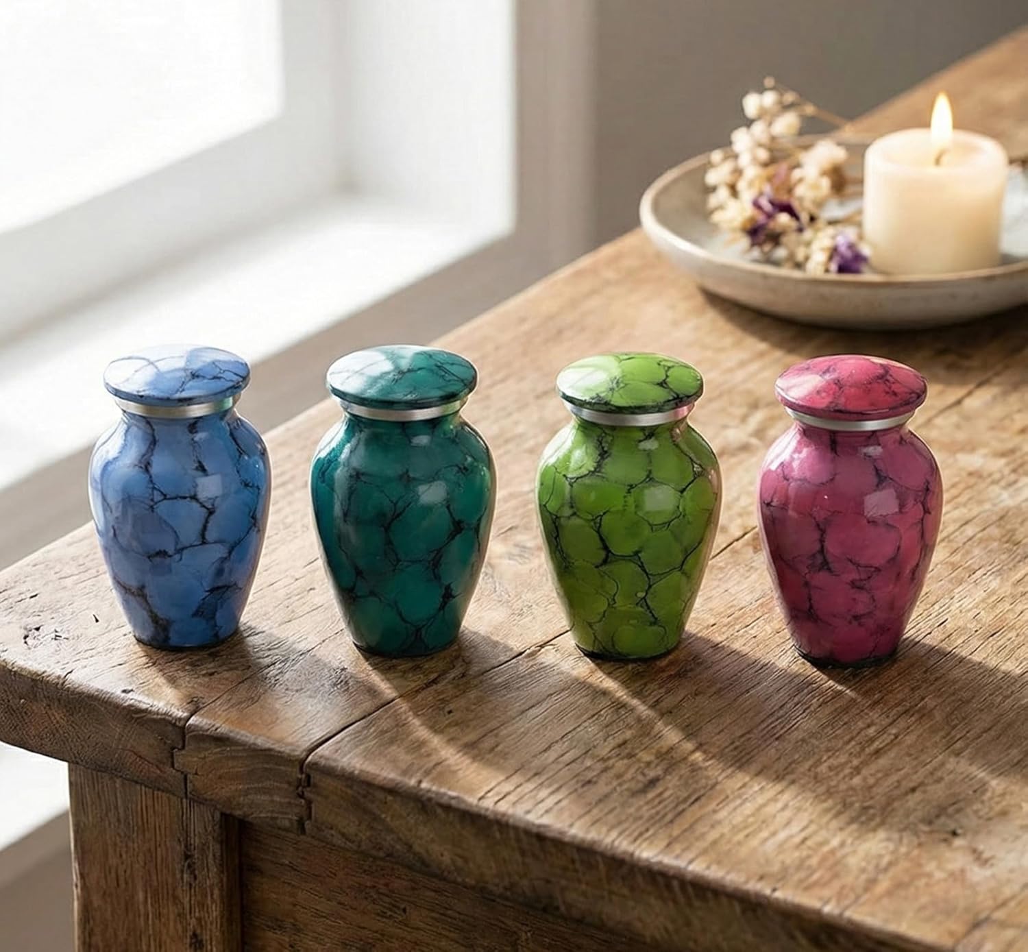 Esplanade- Cremation Mini urn Keepsake Memorial |Set of 4 Small urns for Ashes Funeral Burial Container jar Pot | Blue, Dark Green, Green, Pink - 4.5 Inches