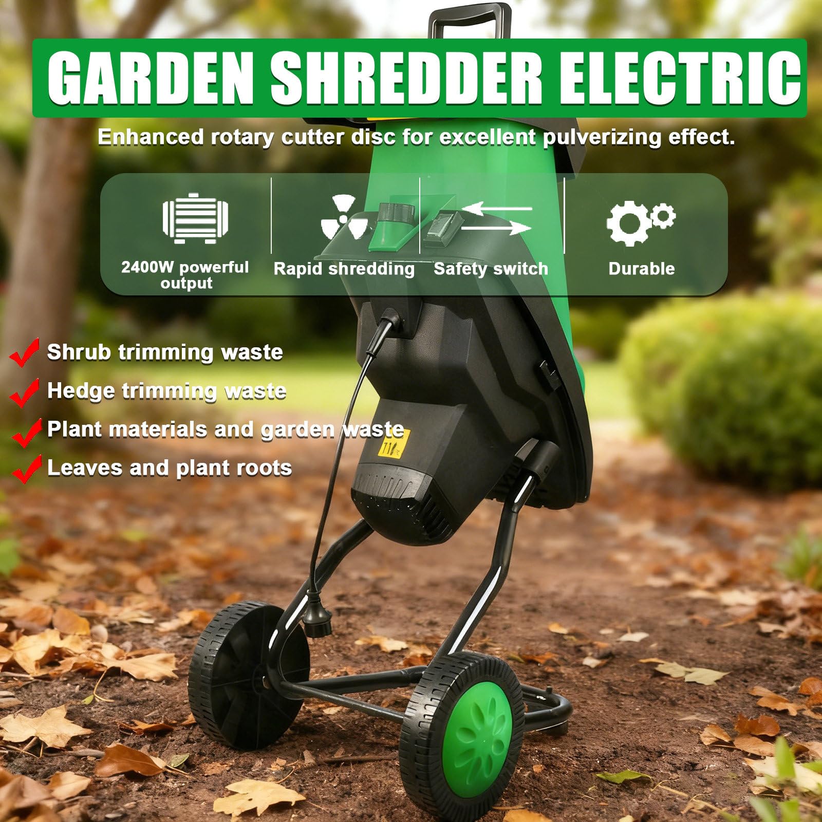 Trituradora De Jardín Eléctrica De 2400 W con Bolsa Desmontable De 50 L Y 2 Juegos De Cuchillas De Acero Al Manganeso. Tritura Ramas De hasta 4 Cm/1,57 Pulgadas
