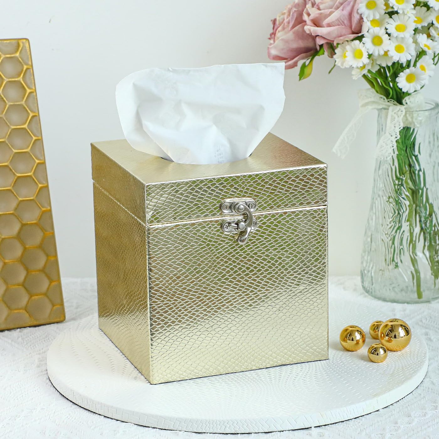 MODE HOME Gold Tissue Box Cover Square, Elegant Faux Leather Tissue Box Holder with Non-Woven Fabric Lining, Stylish Durable Tissue Box Cover Perfect for Livingroom, Bedroom