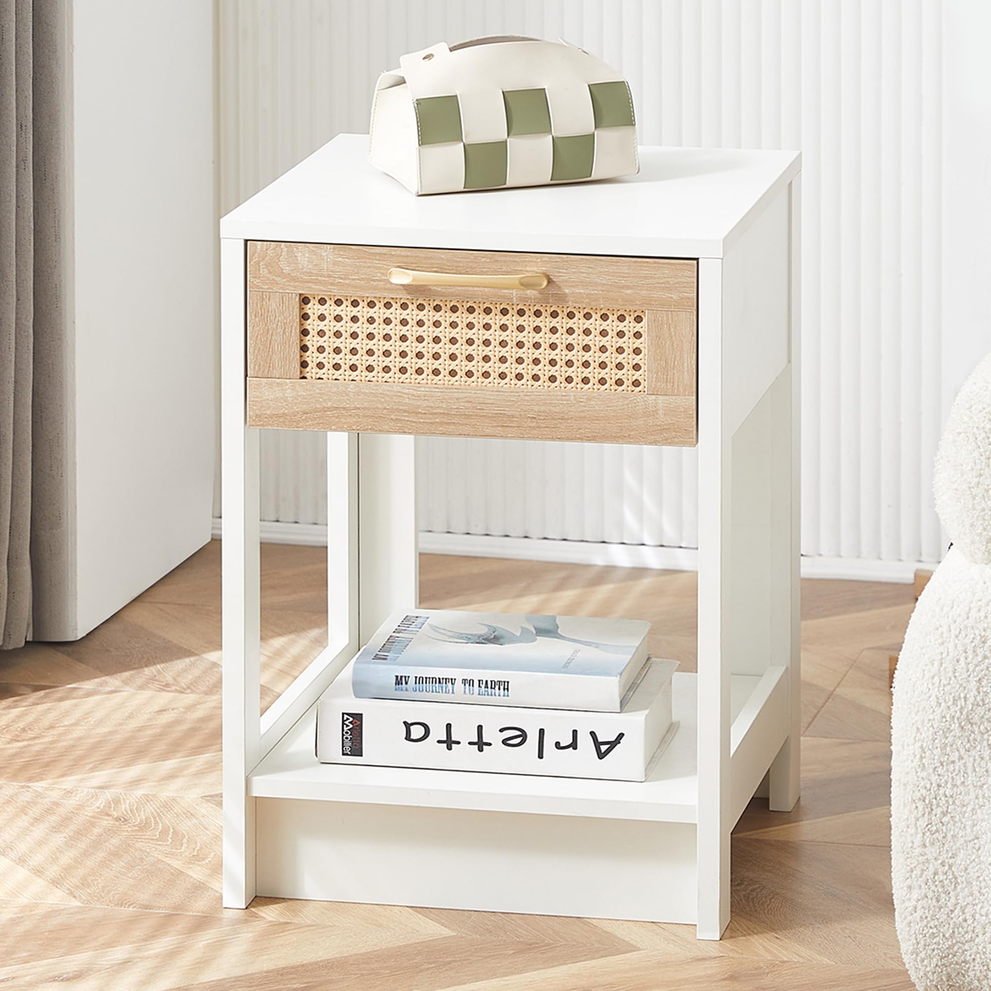 Comodino in rattan con cassetto, tavolino moderno per camera da letto, soggiorno e ufficio, piccolo comodino boho in legno, 40 x 40 x 55 cm, bianco
