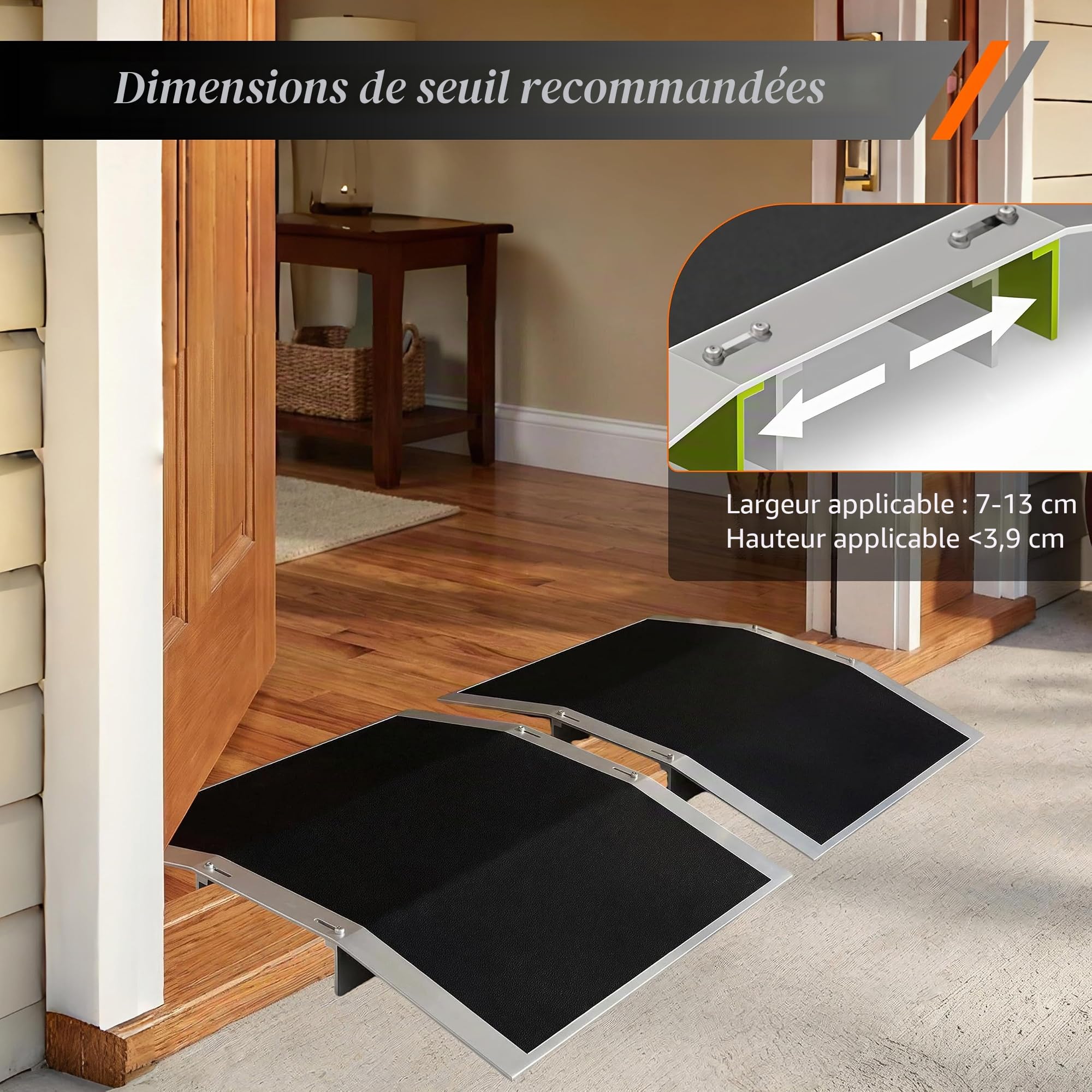 Lot de 2 rampes de seuil de porte - 30 x 43 cm - Rampe de fauteuil roulant réglable en aluminium - Pour passages de porte de 7 à 13 cm de large - Antidérapante - Pour fauteuil roulant, vélo - Charge