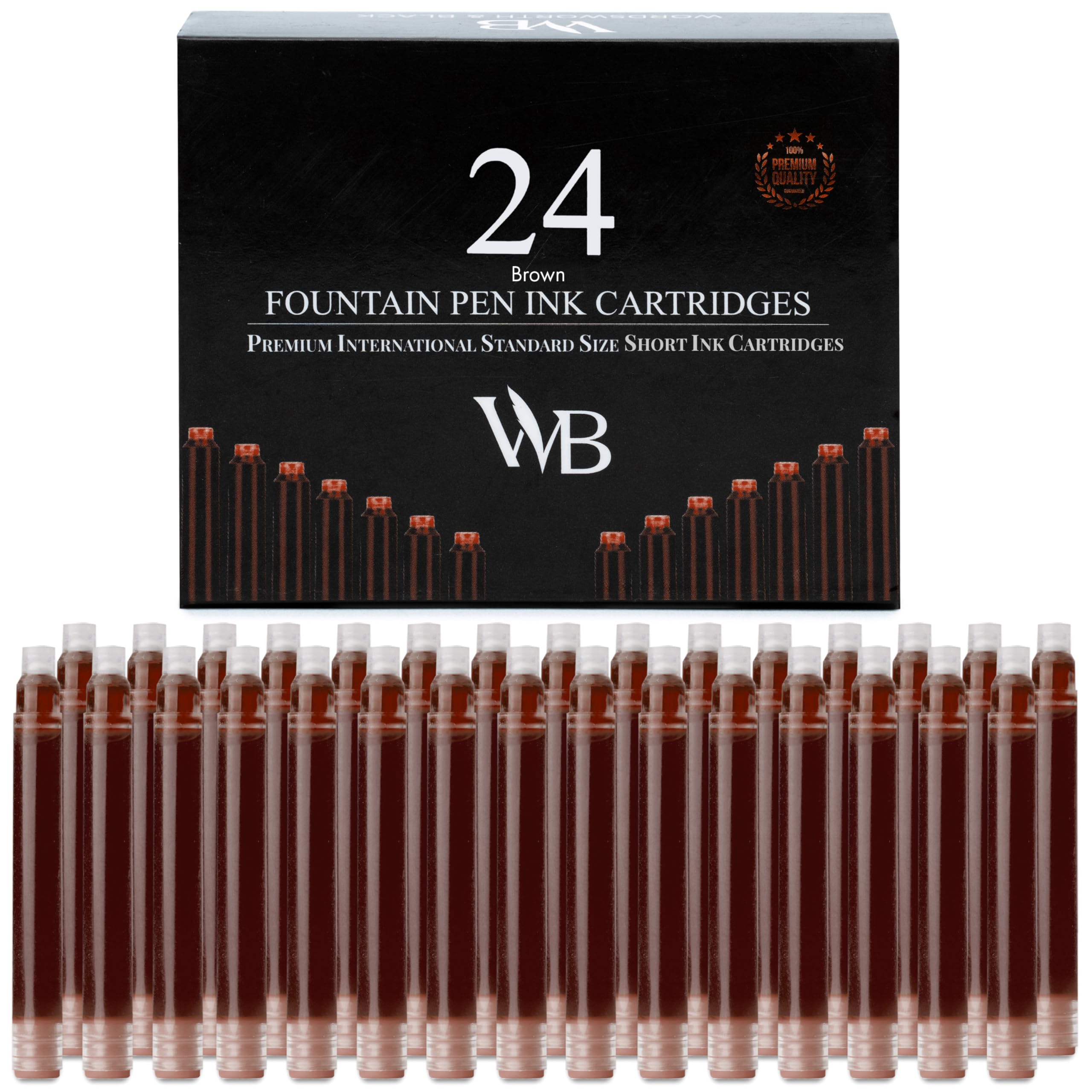 Wordsworth & Black 24 Pack Fountain Pen Ink Refills - Set of 24 Brown Ink Cartridges - International Standard Size - Length APPR 2.3" - Base Diameter APPR 0.24" - Disposable and Generic