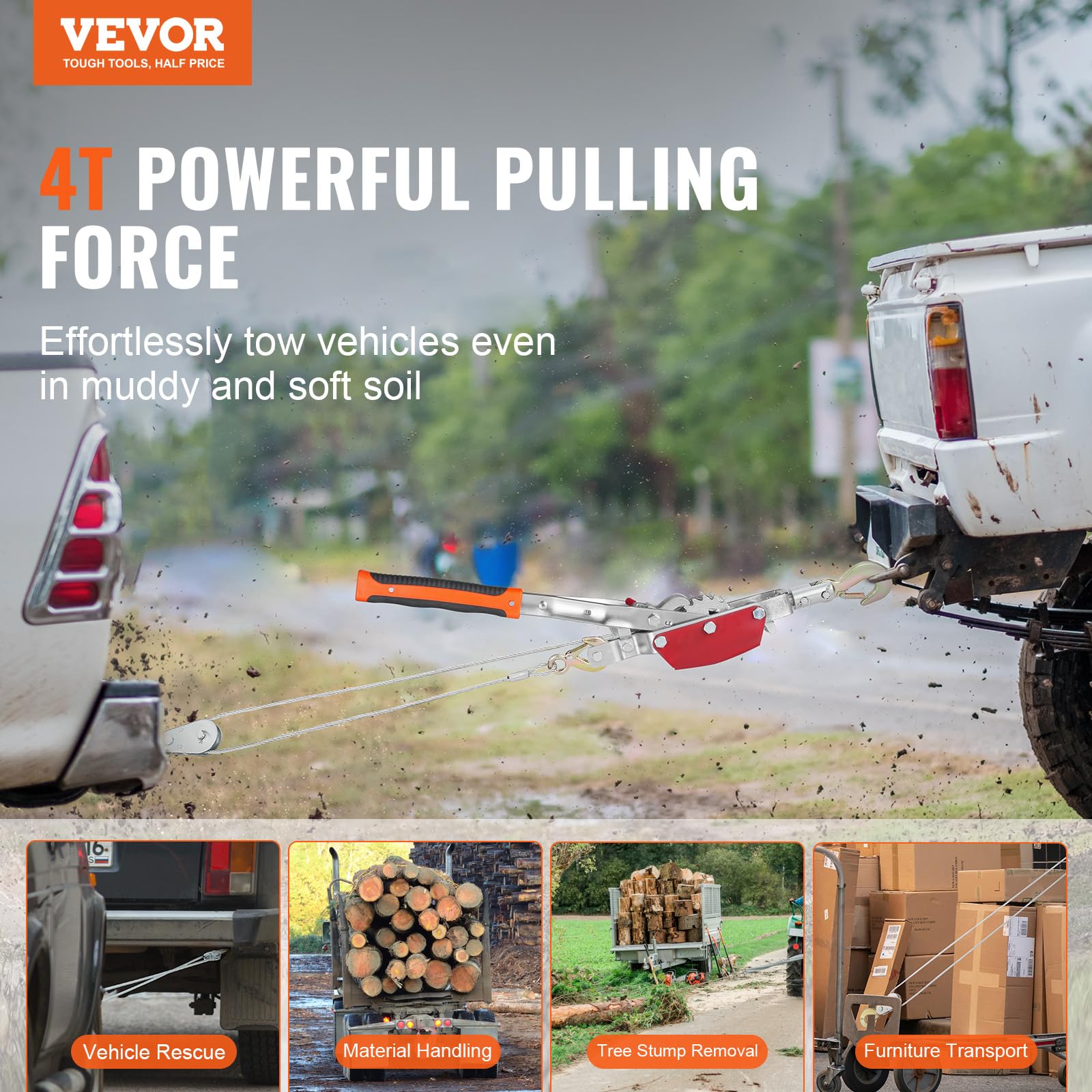 VEVOR Cabrestante de Tracción, Capacidad de Tracción de 4 T Cable de Acero de 3 m con 3 Ganchos, Herramienta Extractora de Trinquete Extractor de Cable de Elevación para Rescate de Vehículos
