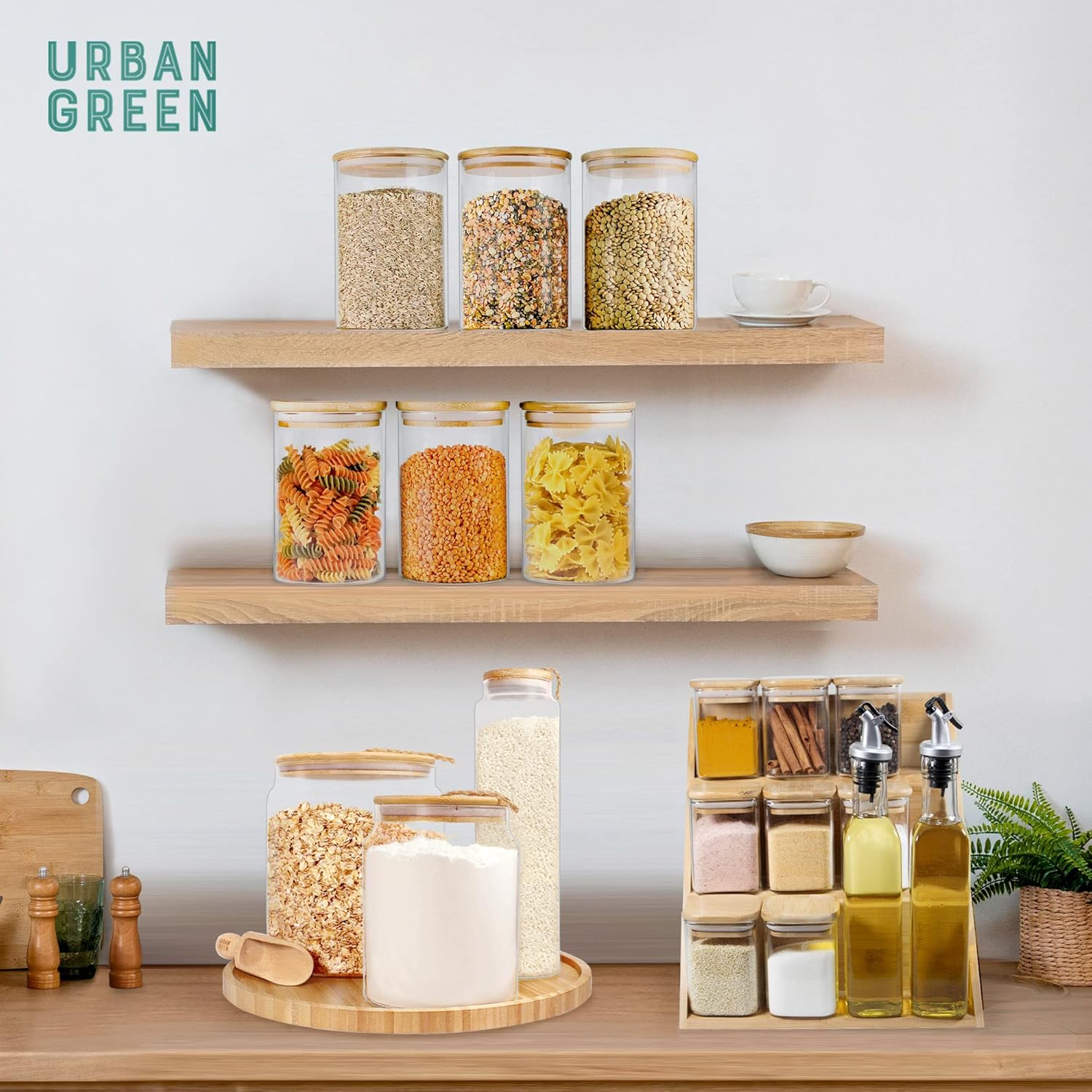Urban Green Glass Jars with Airtight Lids, Airtight Glass Canisters with Locking Lids, (Bamboo-20oz-30oz)