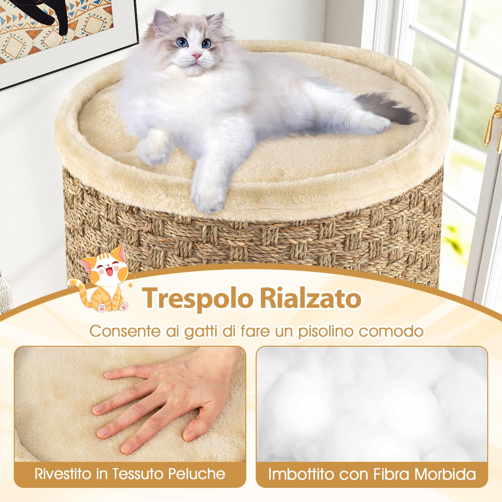COSTWAY Cuccia per Gattini a 3 Piani a Barile (Marrone, 36 x 36 x 70 cm) | Torre per Gatti con Tappetino Tiragraffi in Sisal, Letto Morbido per Nanna e Base Rinforzata per Appartamenti