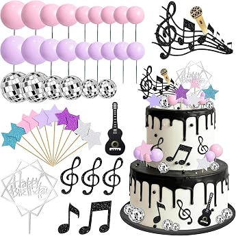 Music Cake Decoration Pack of 42 Guitar Disco Ball Musical Symbol Five-Pointed Star Cake Decoration Cupcake Topper Happy Birthday Cake Decoration for Birthday Baby Shower Disco Music Themes Party Wedding