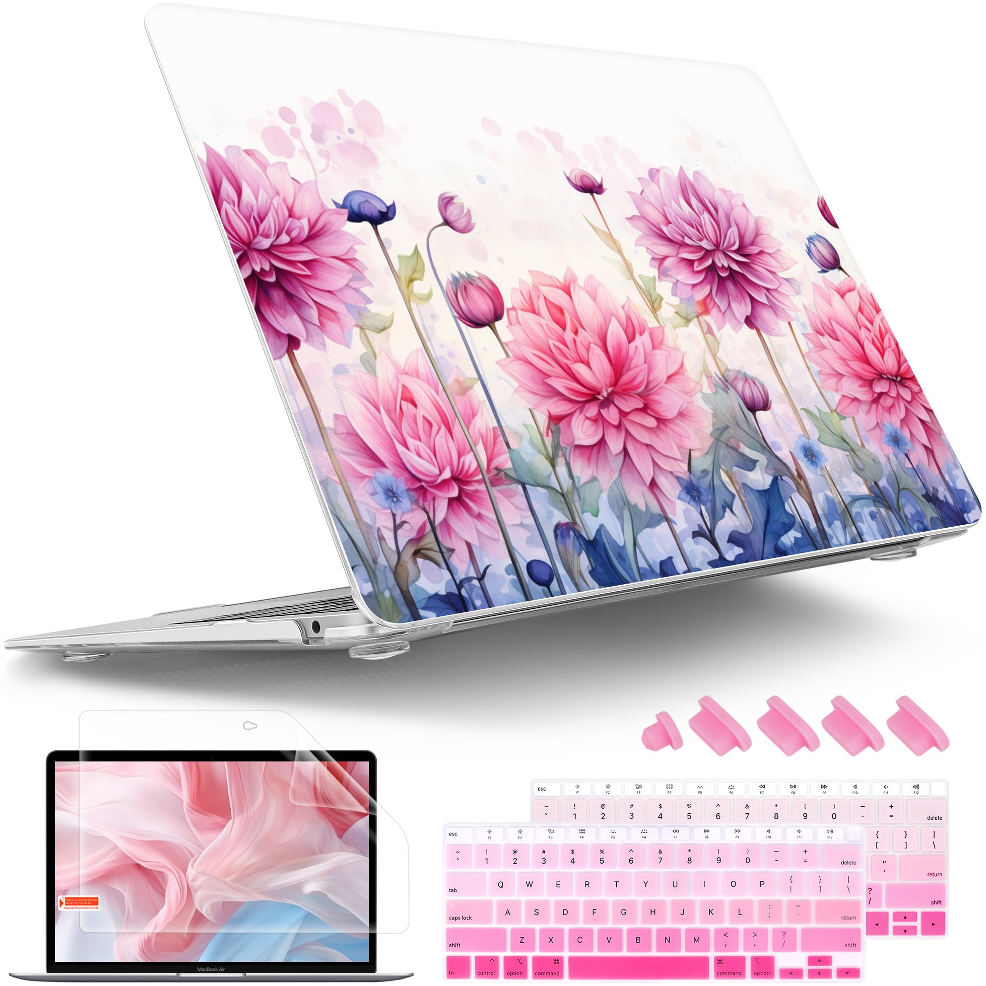 Tuiklol for MacBook Air 13 inch 2021-2018 Release M1 A2337/A2179/A1932 with Retina Display Touch ID,Hard Shell Case and Keyboard Cover for MacBook Air 13.3'' Cover,Pink Flowers