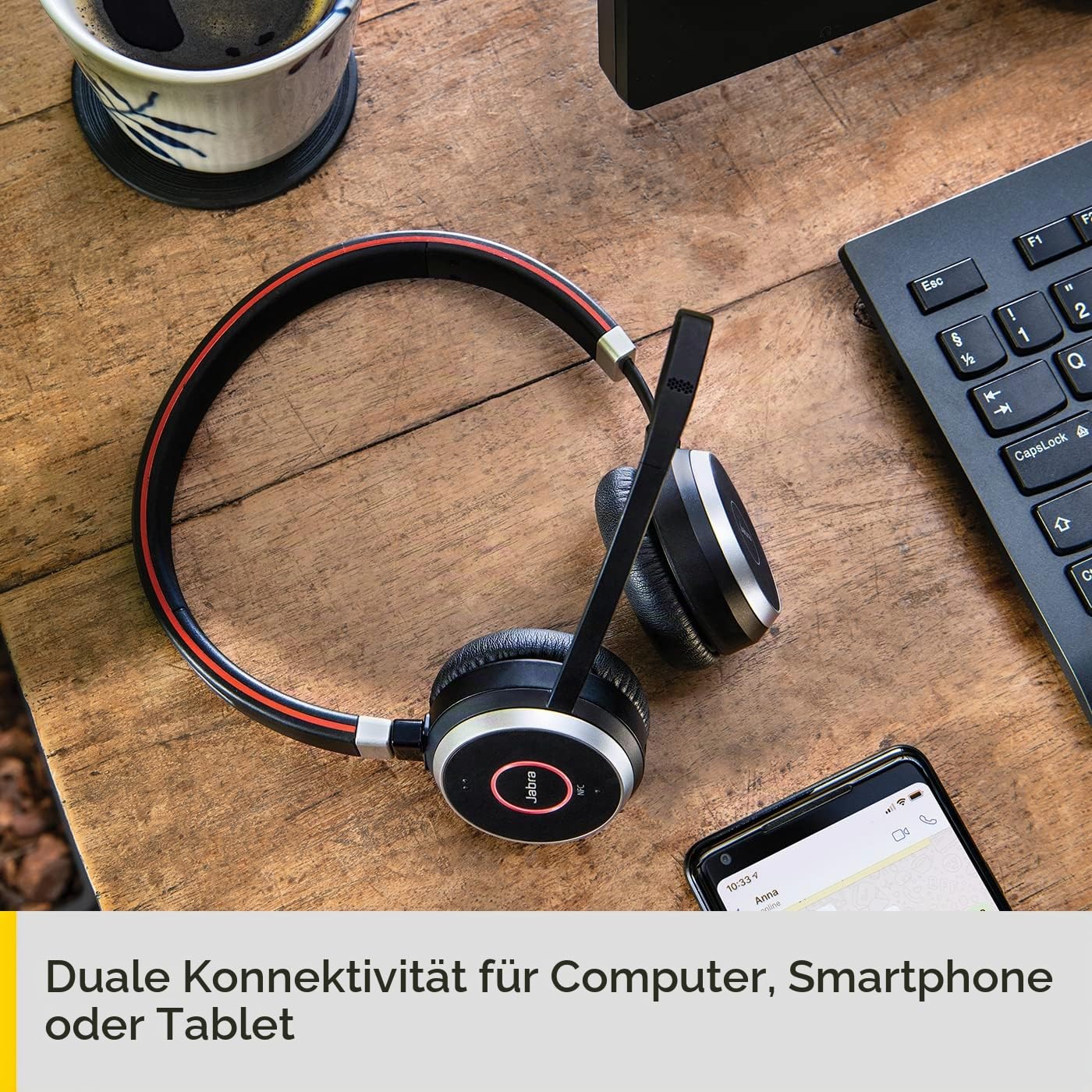 Jabra Evolve 65 Wireless Mono On-Ear Headset – Microsoft Teams zertifizierte Kopfhörer mit Langer Akkulaufzeit und Ladestation – USB Bluetooth Adapter – schwarz