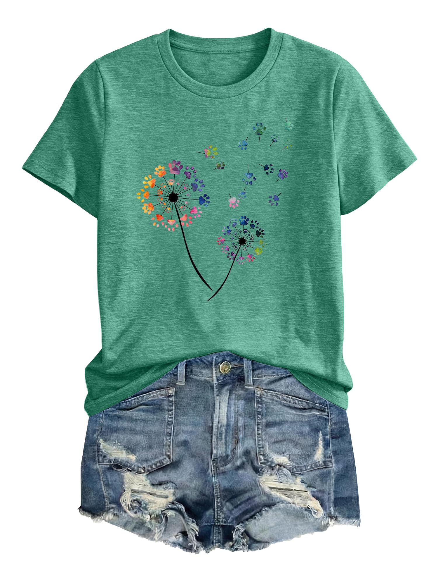 Anbech Women Dandelion Print T Shirts Summer Short Sleeve Graphic Tees | Cute Dandelion Paw Print Tshirt Casual Crewneck Loose Fit Flower T-shirts Teen Girls Colorful Comfy and Soft Daily Wear