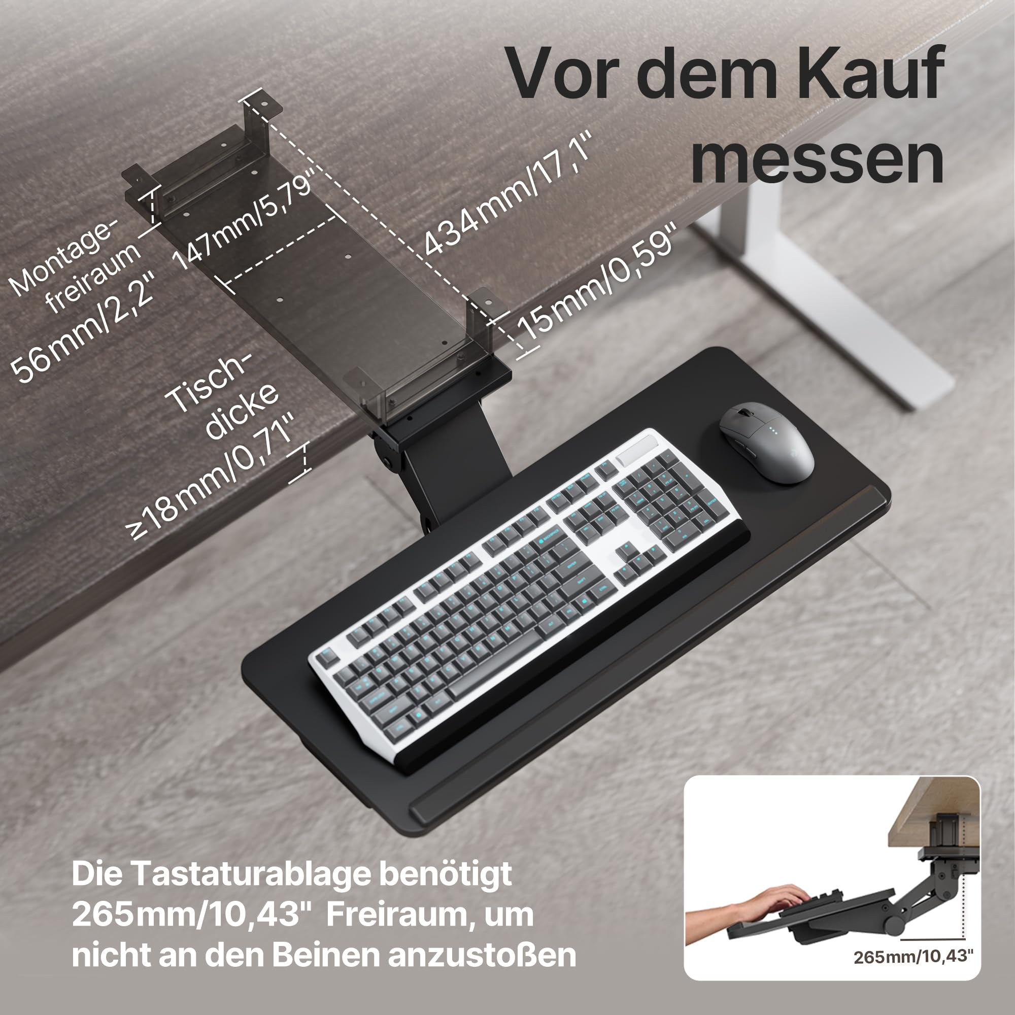 PEGZONE Tastaturablage unter dem Schreibtisch Mit Aufbewahrungsschublade, Große 635 x 270 mm, Ergonomic höhenverstellbare, Schwenk- und neigbare Tastaturablage für Büro, zu Hause