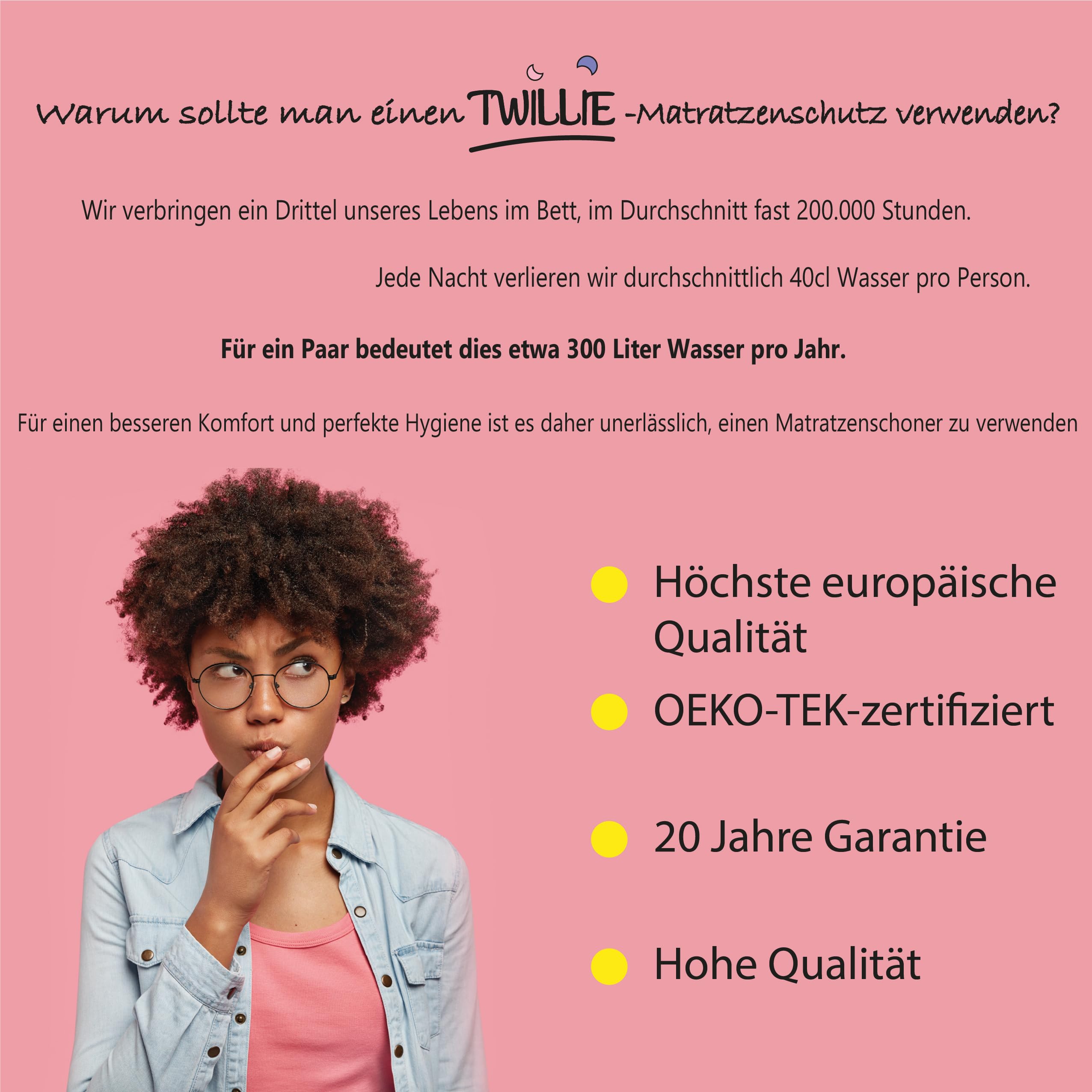 Twillie – Matratzenschoner 200 x 220 cm Wasserdicht - Matratzen-Topper zertifiert Oeko-TEX® Aegis® - Atmungsaktive Matratzenauflage – Hygienischer Anti-Milben Matratzenbezug - 20 Jahre Garantie Blanc