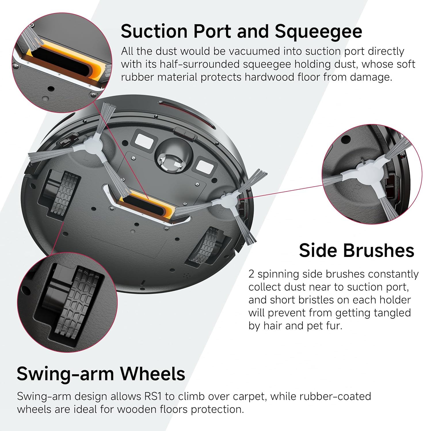 Detailed view of erabros RS1 robot vacuum's suction port, side brushes, and swing-arm wheels