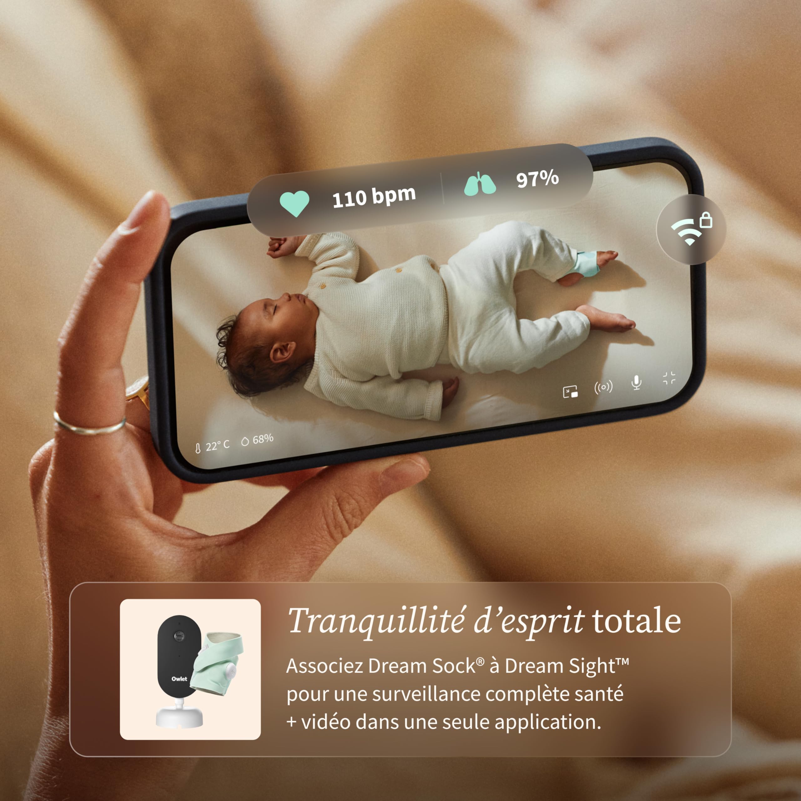 Owlet Dream Sock® Dusty Rose - Système de Surveillance Intelligent pour bébé - Suivi en Direct de la fréquence cardique et de l'oxygène du Nourrisson
