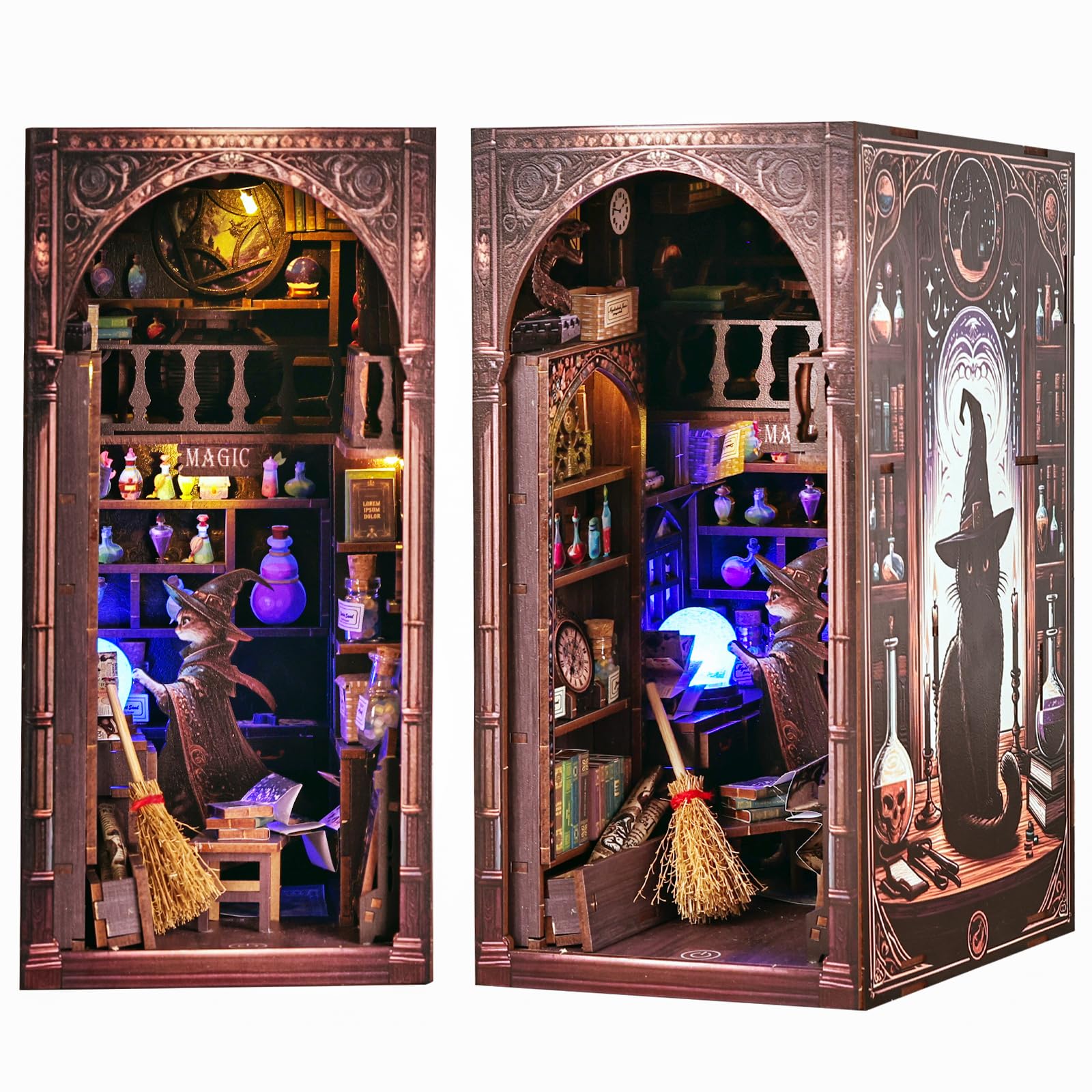 QIANLING Magic Wizard Cat 3D Book Nook Kit, DIY Miniature House Booknook Dollhouse Kit for Adults and Teens, 3D Wooden Puzzle Bookend Bookshelf Insert Decor, Mini Magic House Model Build Gift