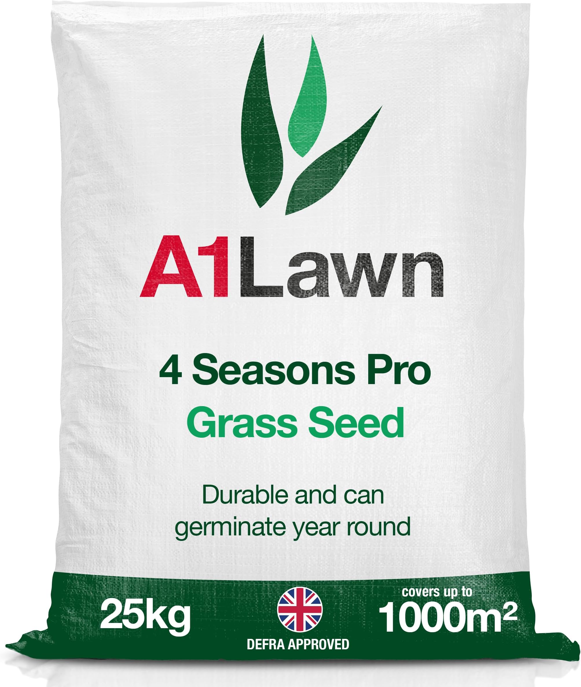 A1 Lawn, 4 Seasons Pro Grass Seed - Durable, Hard-Wearing, Sports Quality Lawn Seed with Year-Round Germination, DEFRA Approved, 25kg