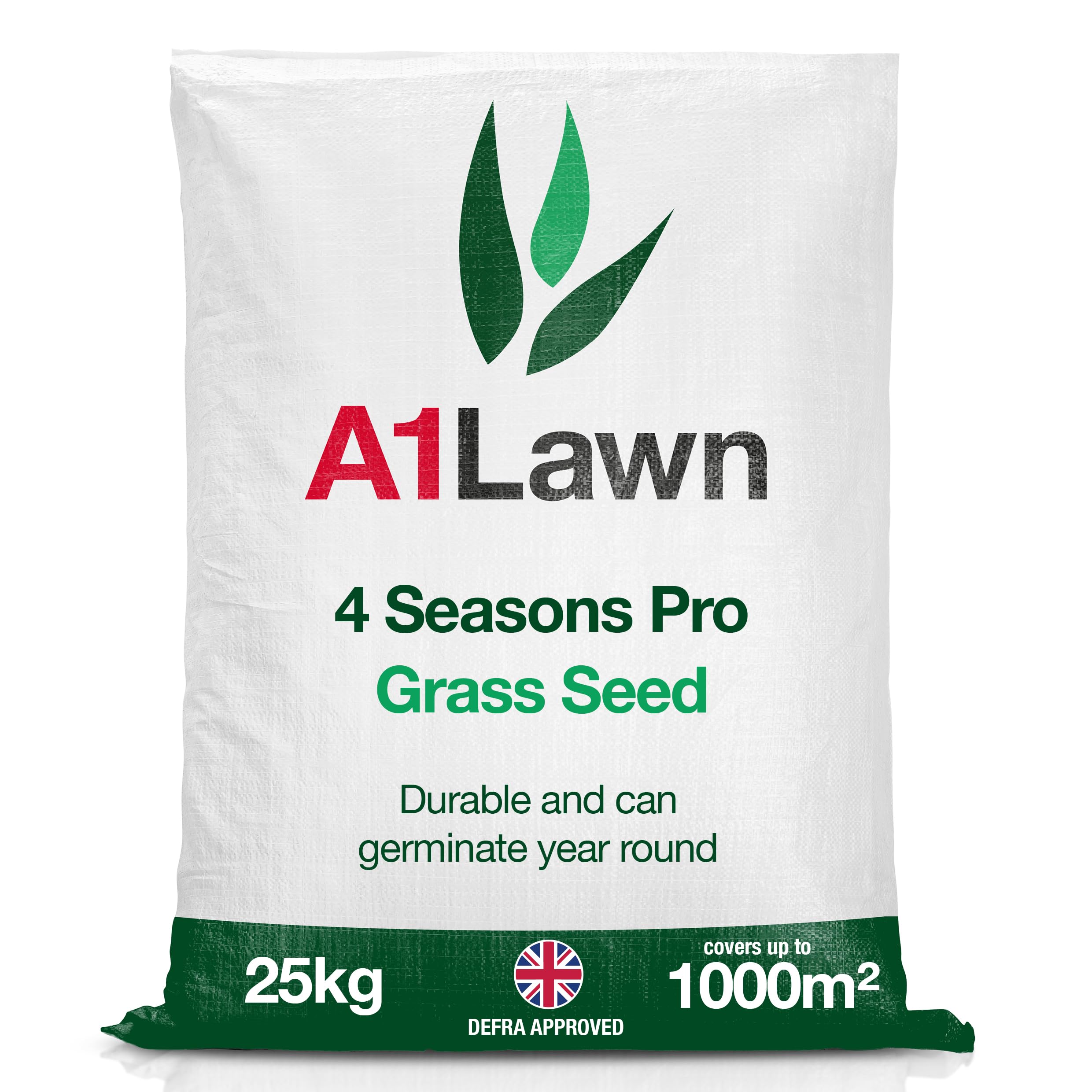 A1 Lawn, 4 Seasons Pro Grass Seed - Durable, Hard-Wearing, Sports Quality Lawn Seed with Year-Round Germination, DEFRA Approved, 25kg