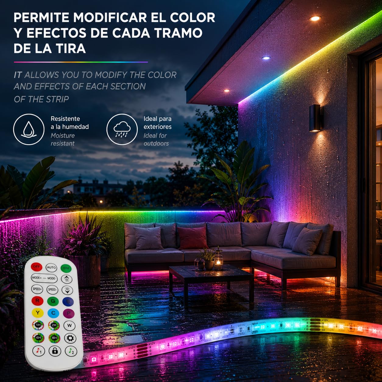 Jandei - Kit Tira Led 10metros 24Vdc RGBIC con Controlador 220Vac y Mando, 600 Leds. IP65 Ideal Exteriores