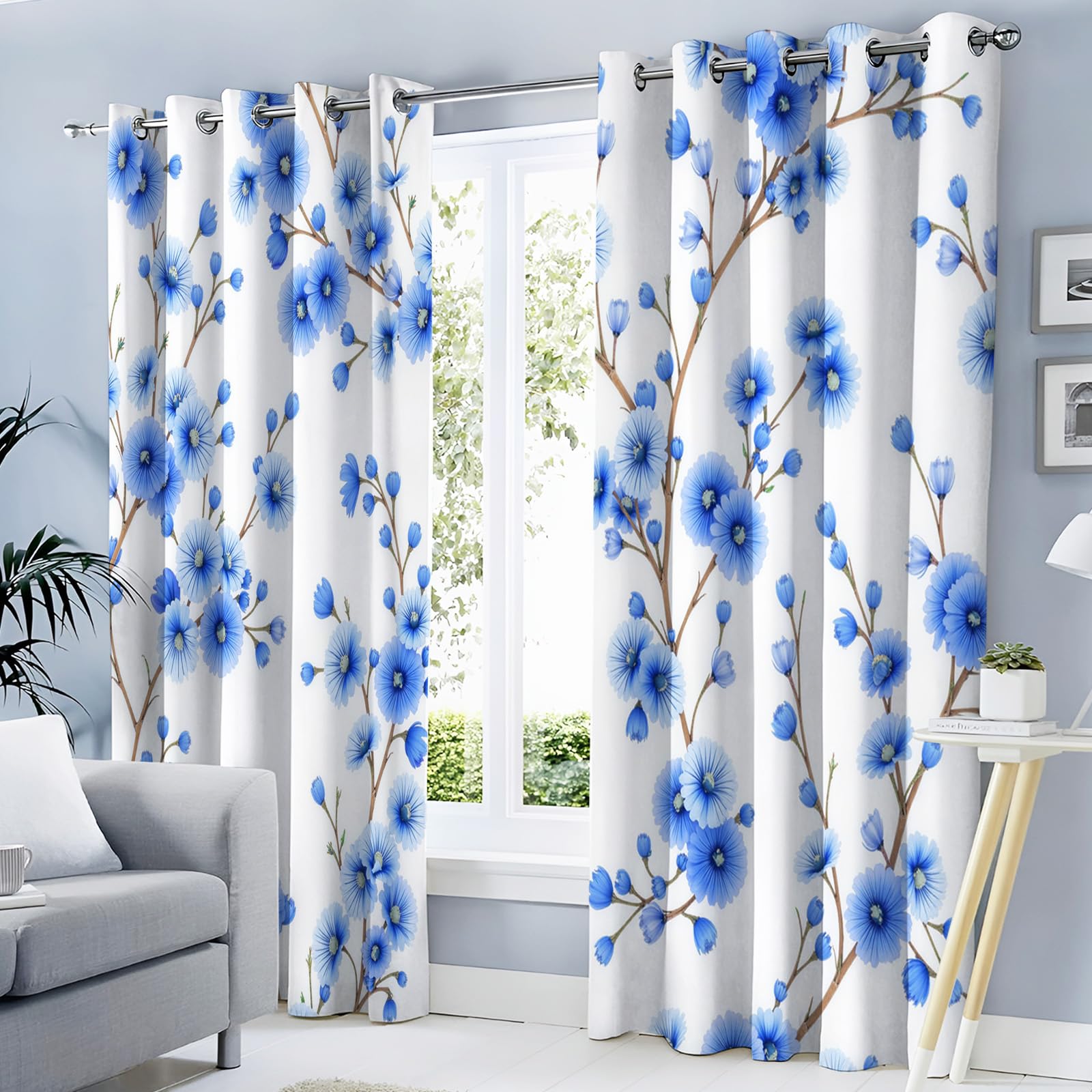 Rideau occultant bleu et opaque motif plante 140x240 pour fenetre de maison