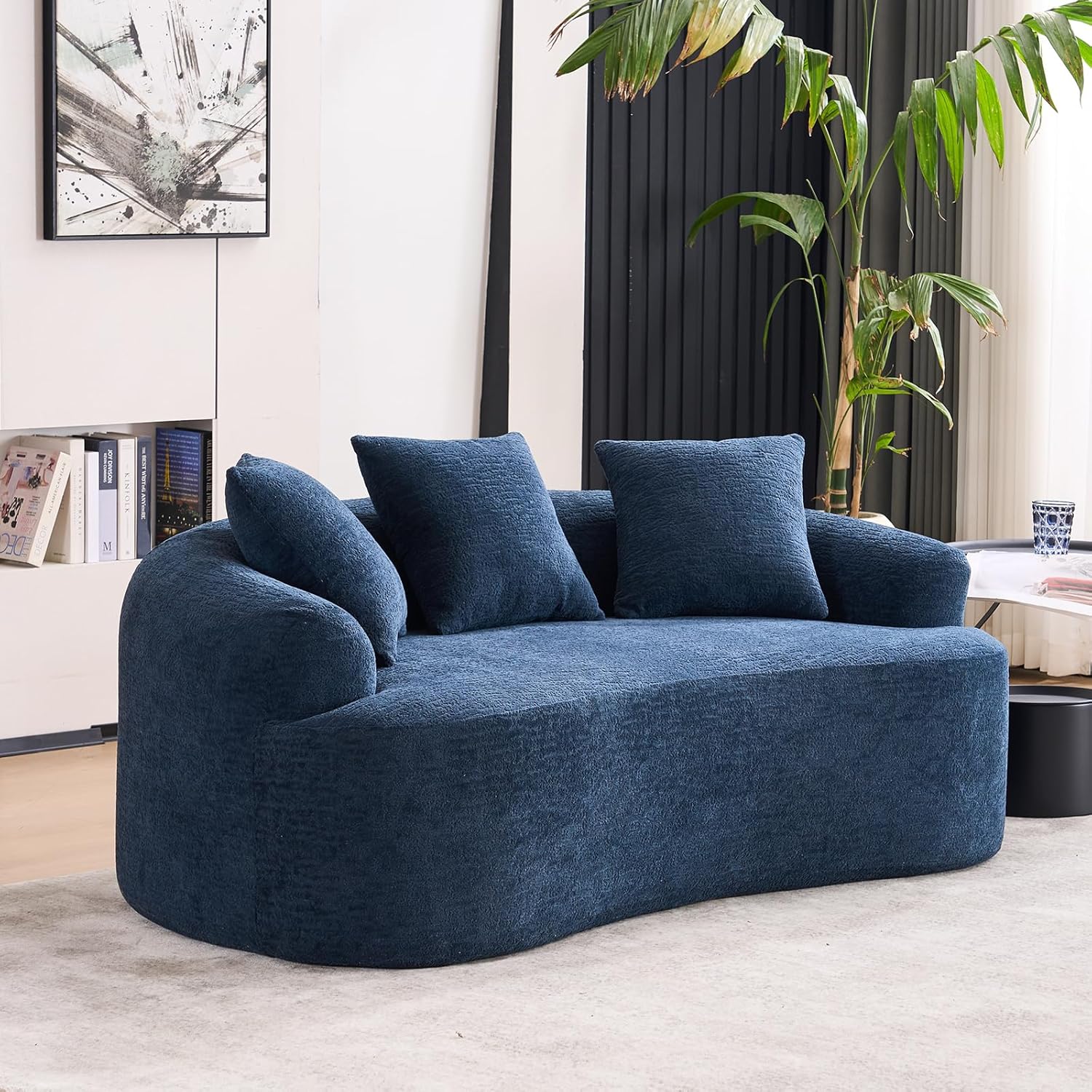 65" Curved Loveseat, 2 Seater Soft Chenille Round Couch Cloud Sofa Deep Seat Love Seat with 2 Pillows, Modern Foam Boneless Compression No Assembly, Comfy Small Couches for Small Spaces (Navy Blue)