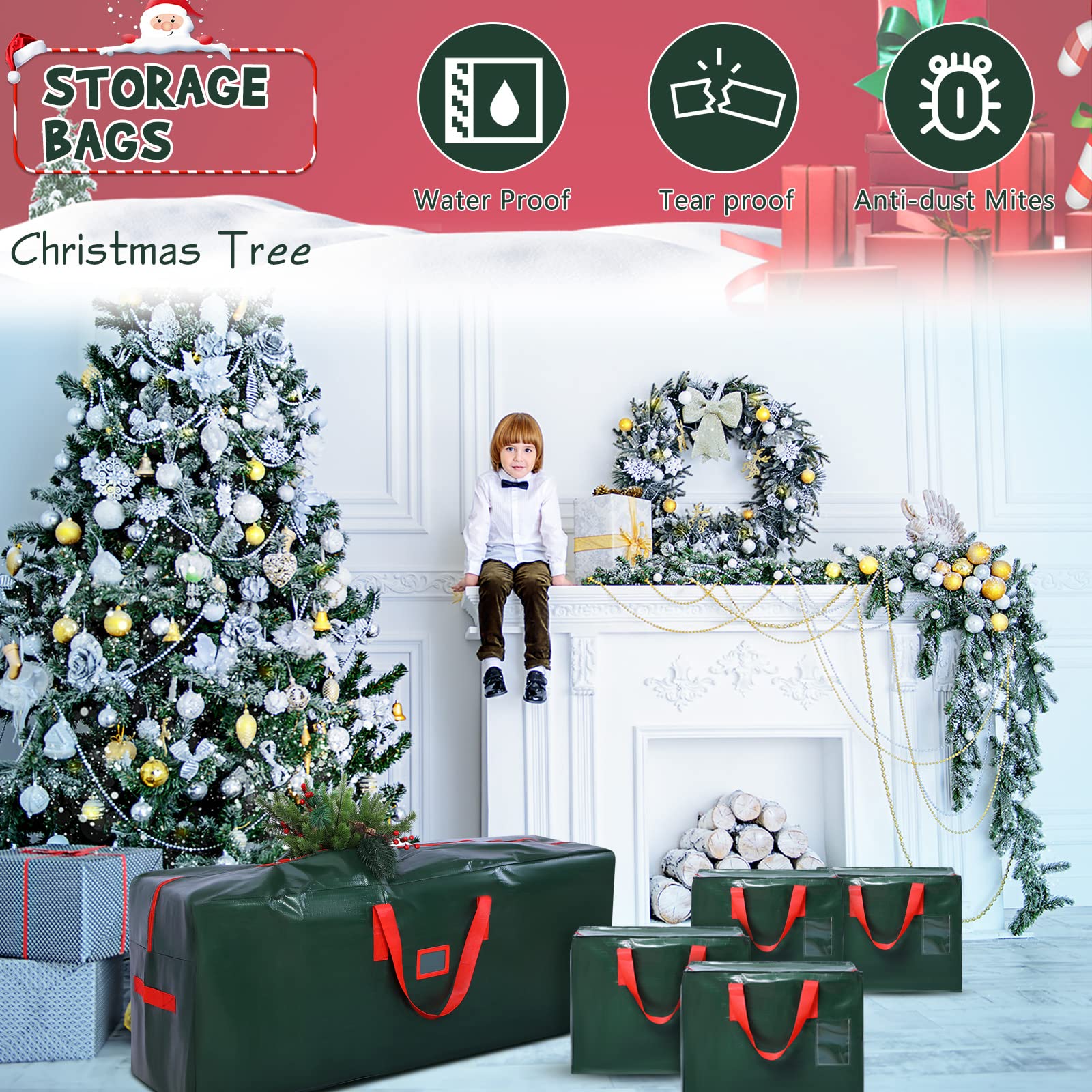 Lot de 5 sacs de rangement pour sapin de Noël artificiel démonté avec poignées renforcées, conteneur étanche pour sapin de Noël (vert, 2,7 m)