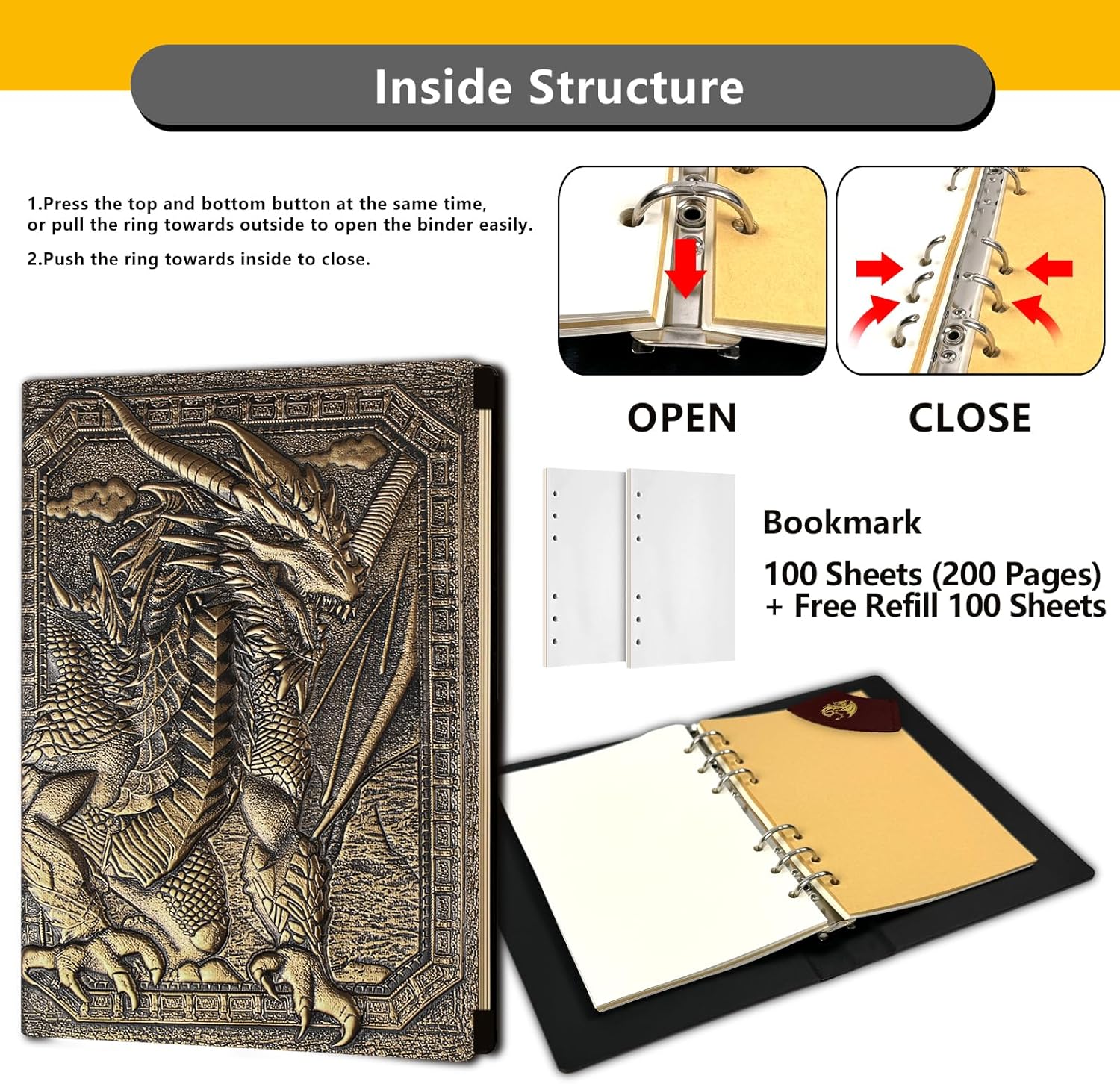 DND Dragon Binder Journal Leather Notebook for Writing Drawing 400 Pages dungeons and dragons D&D dice accessories Role Playing Games,Great DND Gifts