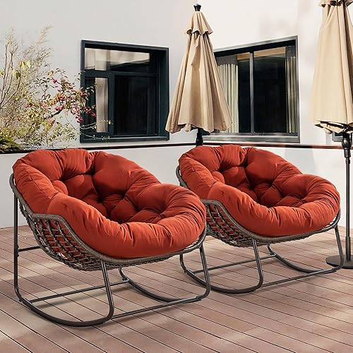 HOMEFUN Juego de 2 mecedoras para patio al aire libre, mecedora Papasan de gran tamaño con cojín acolchado, silla mecedora para porche delantero, disponible en Yaxa Peru