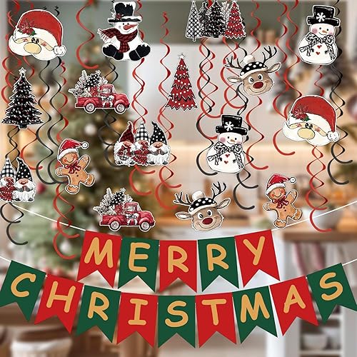 Miniatura 8 de Horaldaily 30 piezas de decoración de remolinos colgantes de Navidad, árboles de Navidad, camión, muñeco de nieve, Papá Noel, gnomo, fiesta,