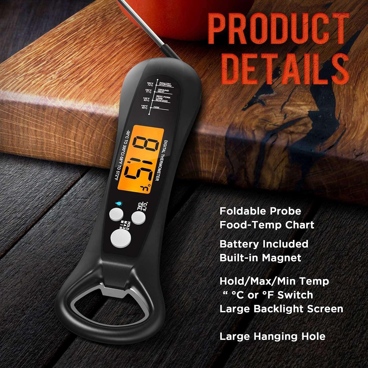 review IXOUS - Instant Read Meat Thermometer for Cooking, Fast & Precise Digital Food Thermometer with Backlight, Magnet, Calibration, and Foldable Probe for Deep Fry, BBQ, Grill, and Roast Turkey