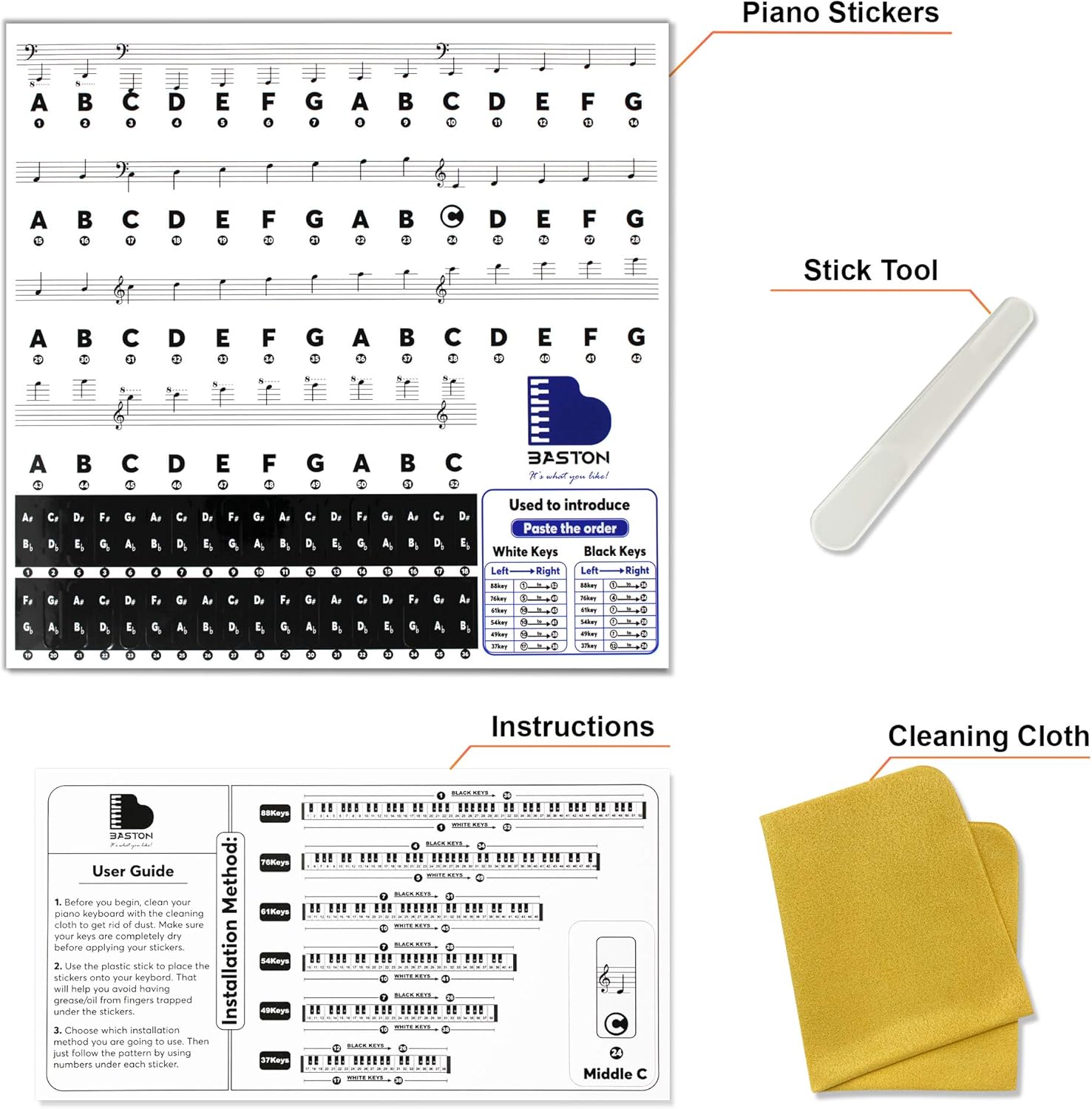 BASTON Piano Keyboard Stickers for Beginners 88/76/61/54/49/37 Keys - Removable, Transparent, Double Layer Coating Piano Stickers - Perfect for Kids, Big Letters, Easy to Install with Cleaning Cloth : Musical Instruments