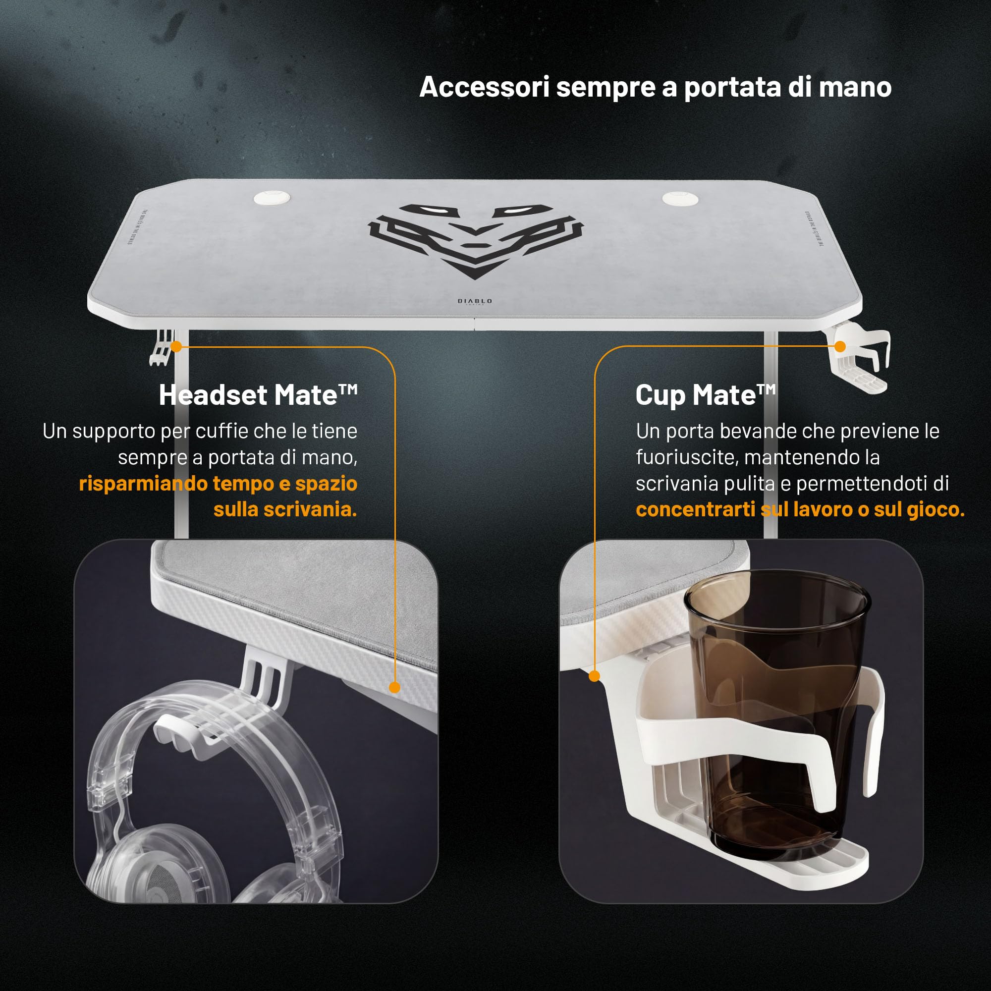 DIABLO Scrivania Gaming grande scrivania gamer stabile tavolo PC con gestione cavi tappetino supporto cuffie porta bicchiere scrivania computer ergonomica robusta setup 140 cm x 60 cm x 75 cm