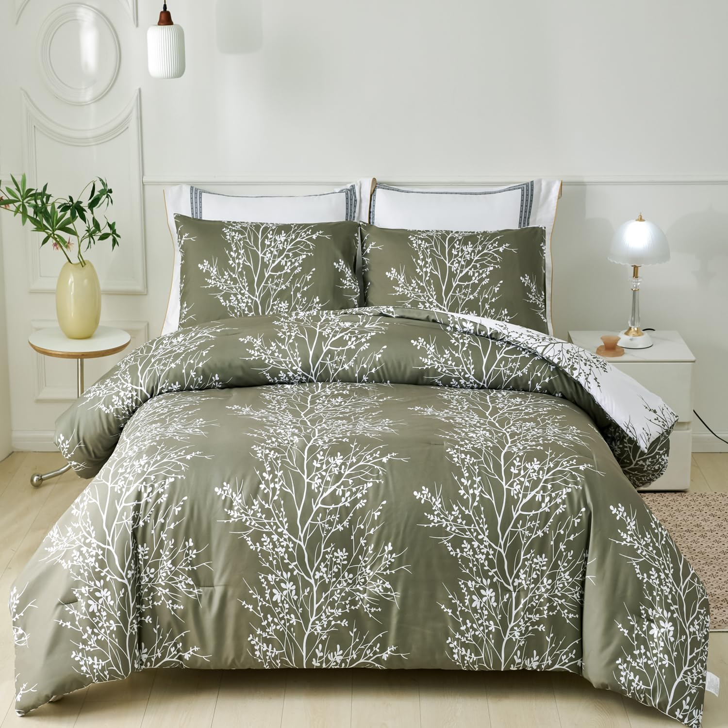 ANGIYUIN 3 Pcs Botanical King Size Comforter Set, Emerald Green and