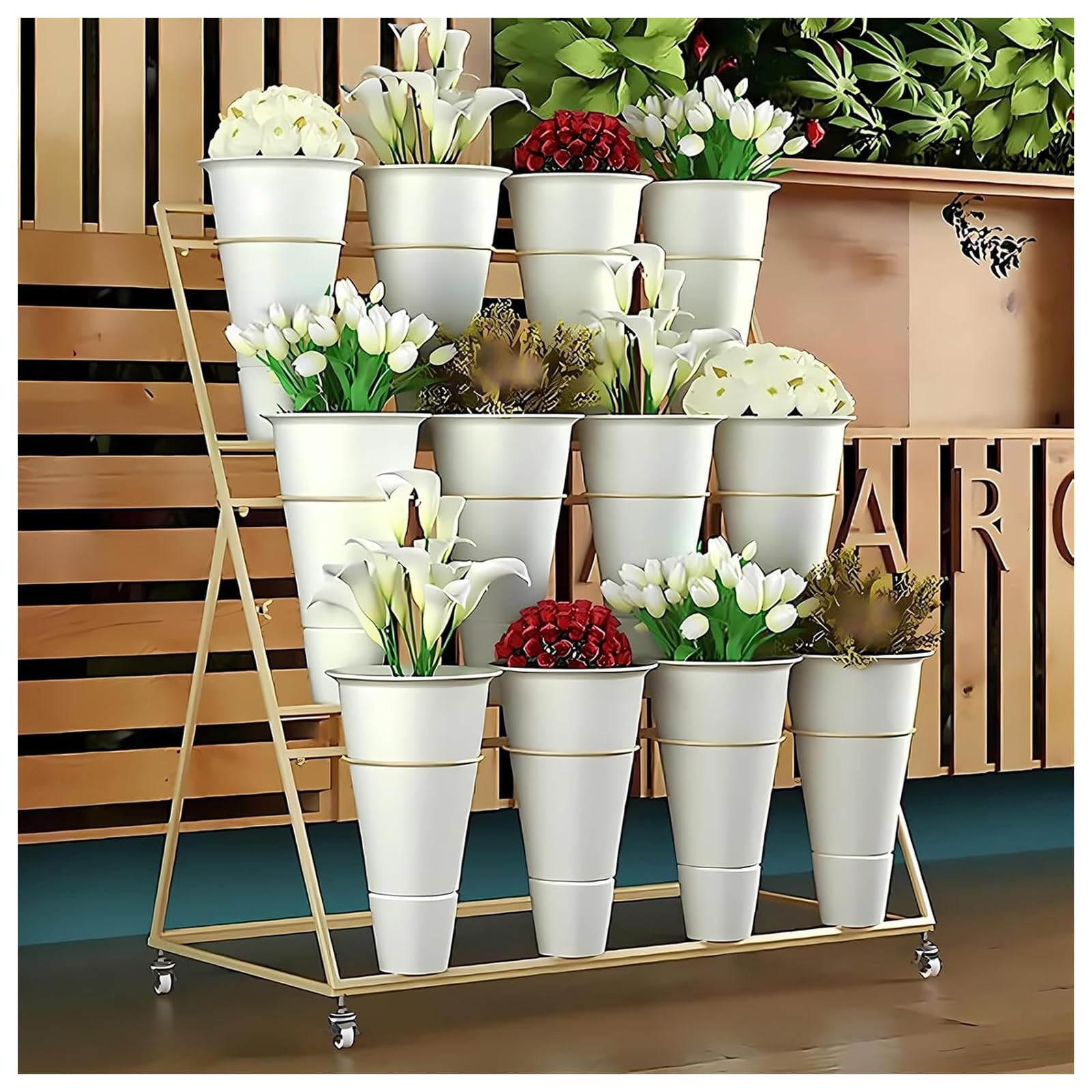 Élégant Support à Plantes d'extérieur en métal sur roulettes, étagère à Fleurs Noire/dorée/Blanche de 100 cm (39,4 po) pour Balcon et Jardin, présentoir à Plantes Polyvalent pour l'intérieur