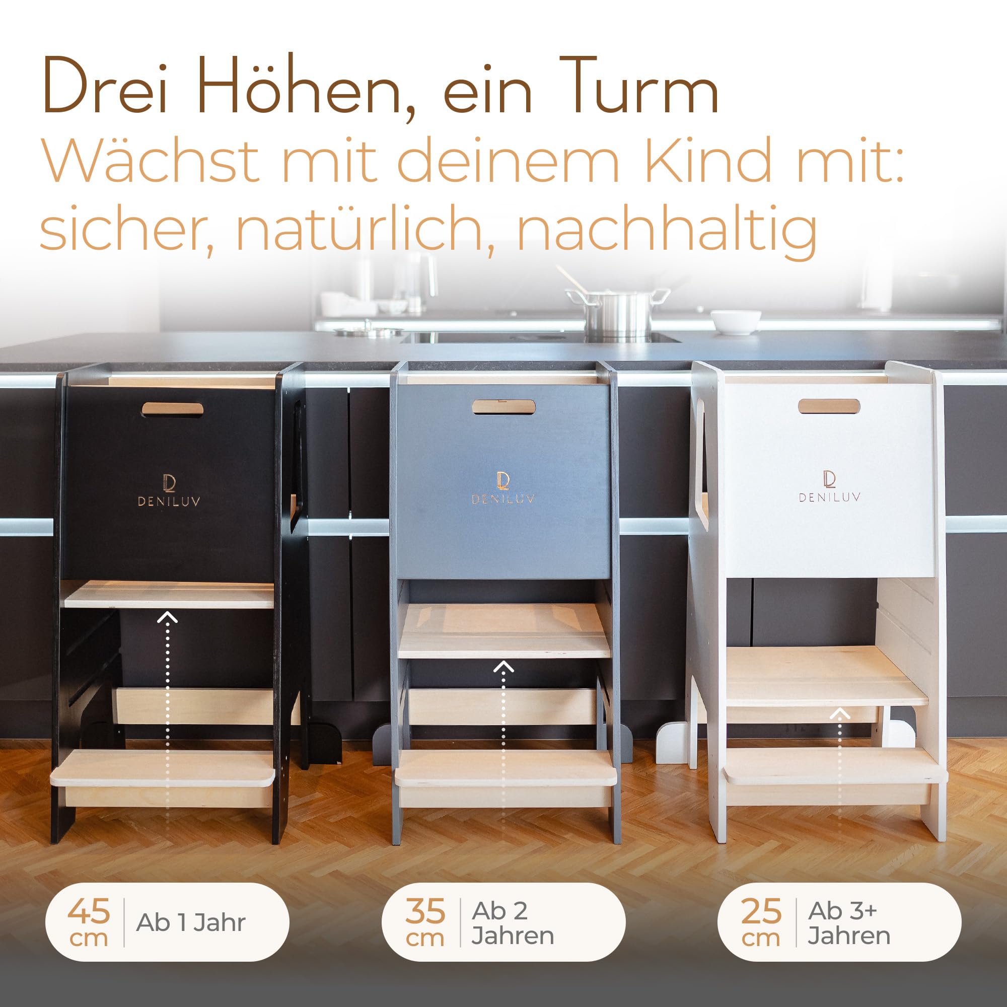 Kinder Lernturm Höhenverstellbar Ab 1 Jahr Mit Abnehmbarer Front Tritthocker für Küche Bad Leiterstuhl Weiß Schwarz Grau Jetzt Farbe Wählen