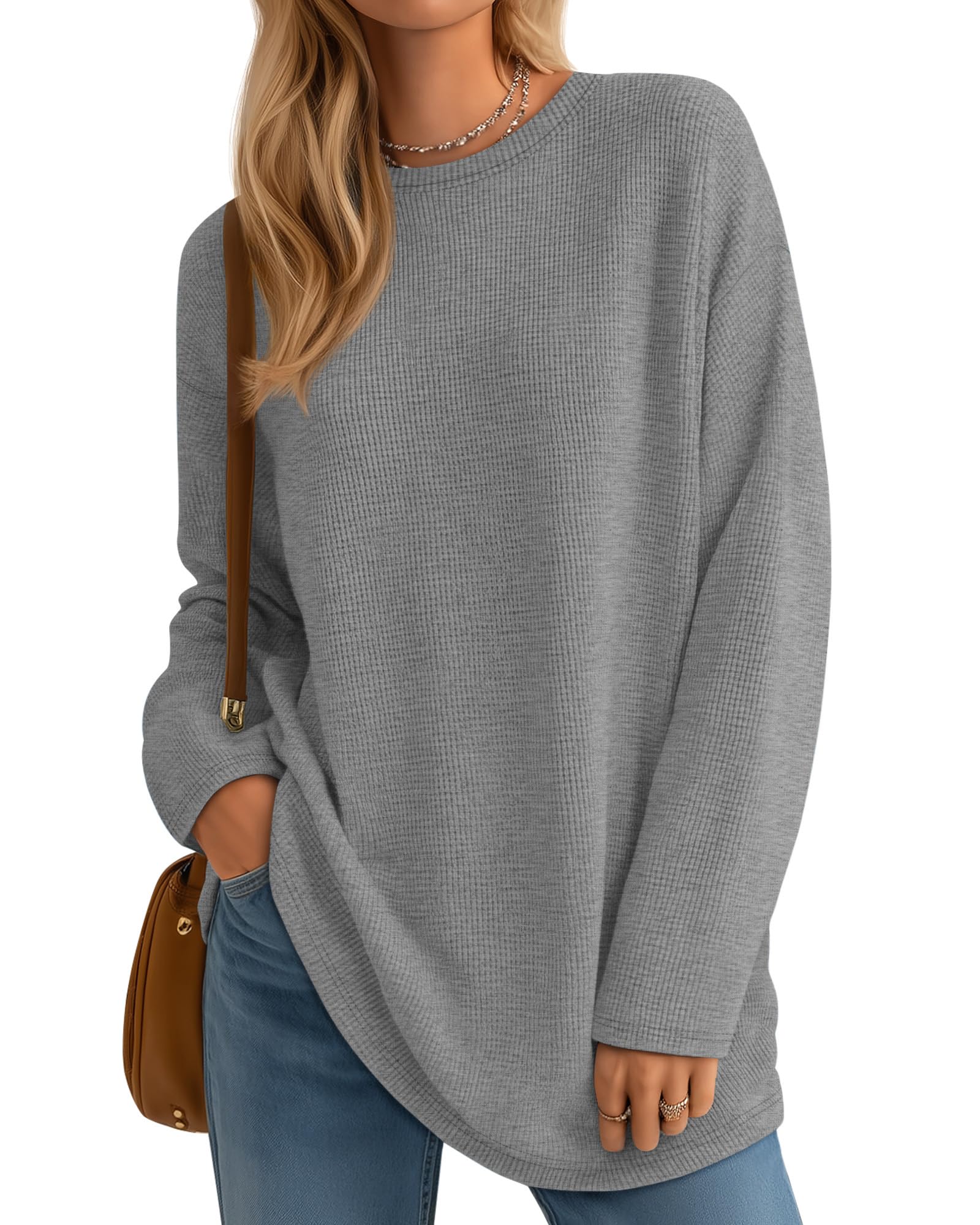 Womens Long Sleeve Sweatshirts Oversized Waffle Knit Tunic Tops Casual Crewneck Long Shirts