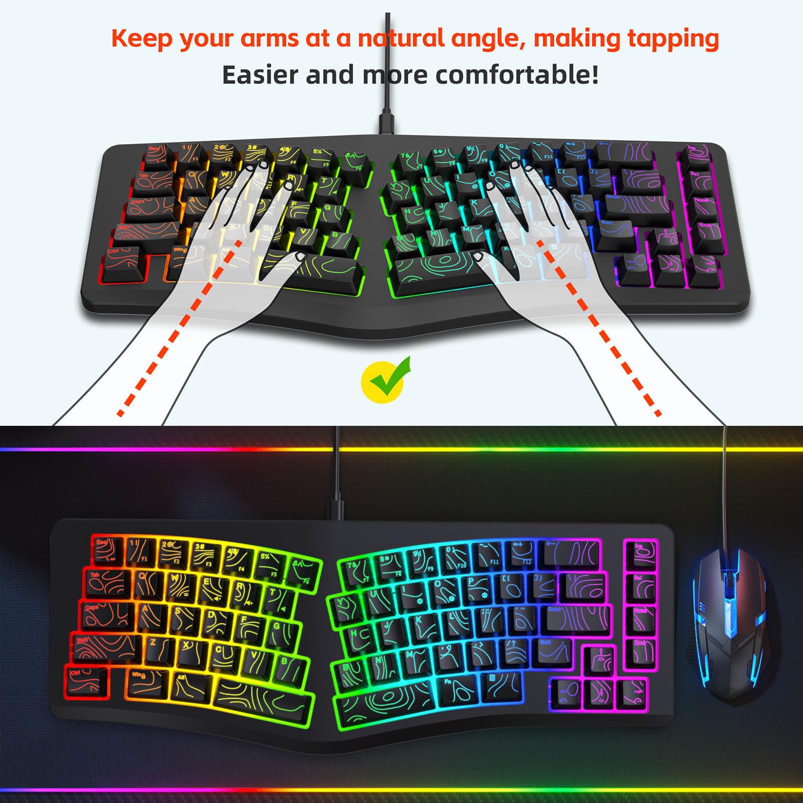 Goshyda Tastiera da Gioco Ergonomica Cablata, Tastiera Divisa a Forma di V con Retroilluminazione RGB Colorata, per Computer Desktop Portatile