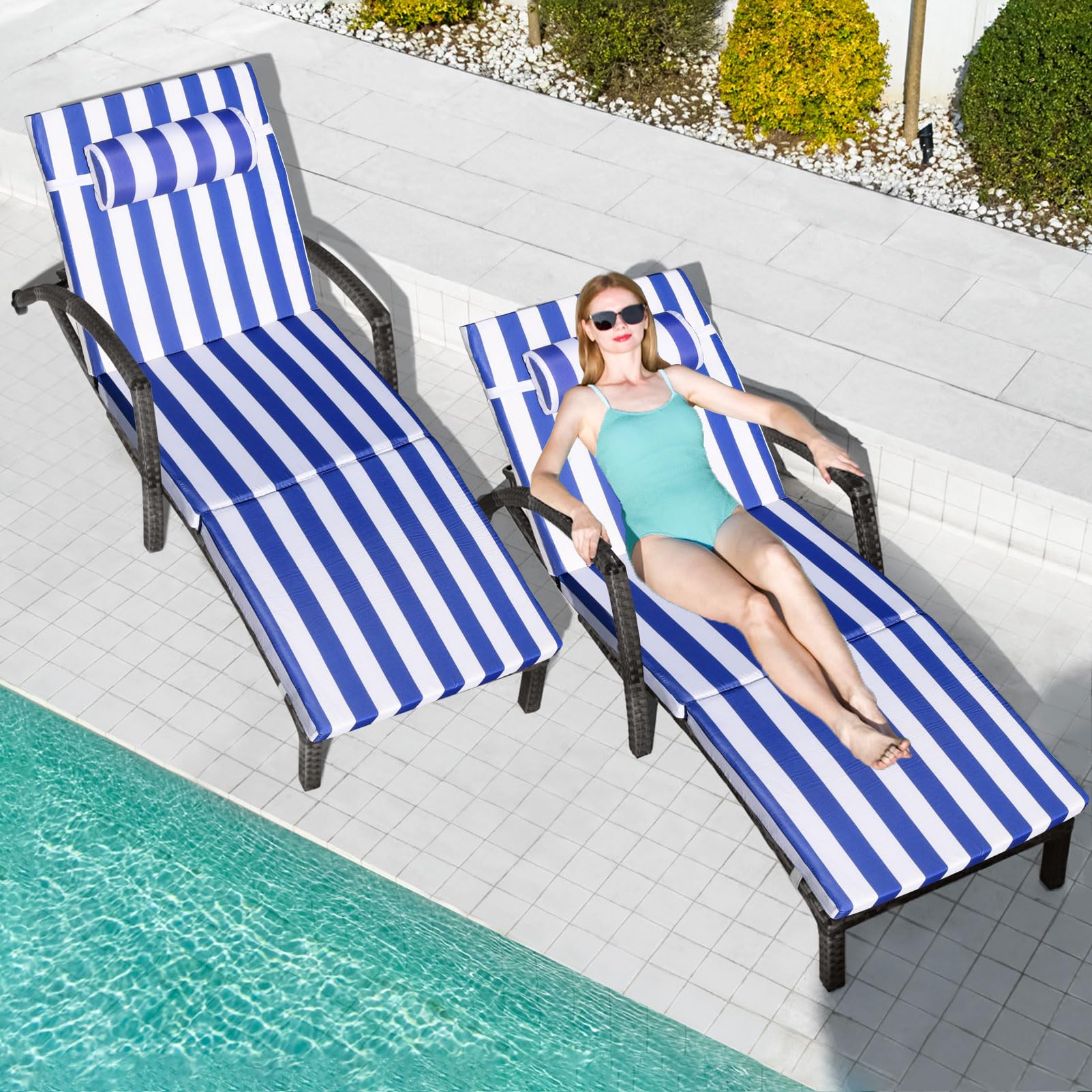 ZZWHOM Chaise Lounge Chairs Outdoor Set of 2, Comfy Outside Wicker Patio Pool Lounge Chair w/ 5 Adjustable Back Angle, Cup Holder, Thicken Cushion