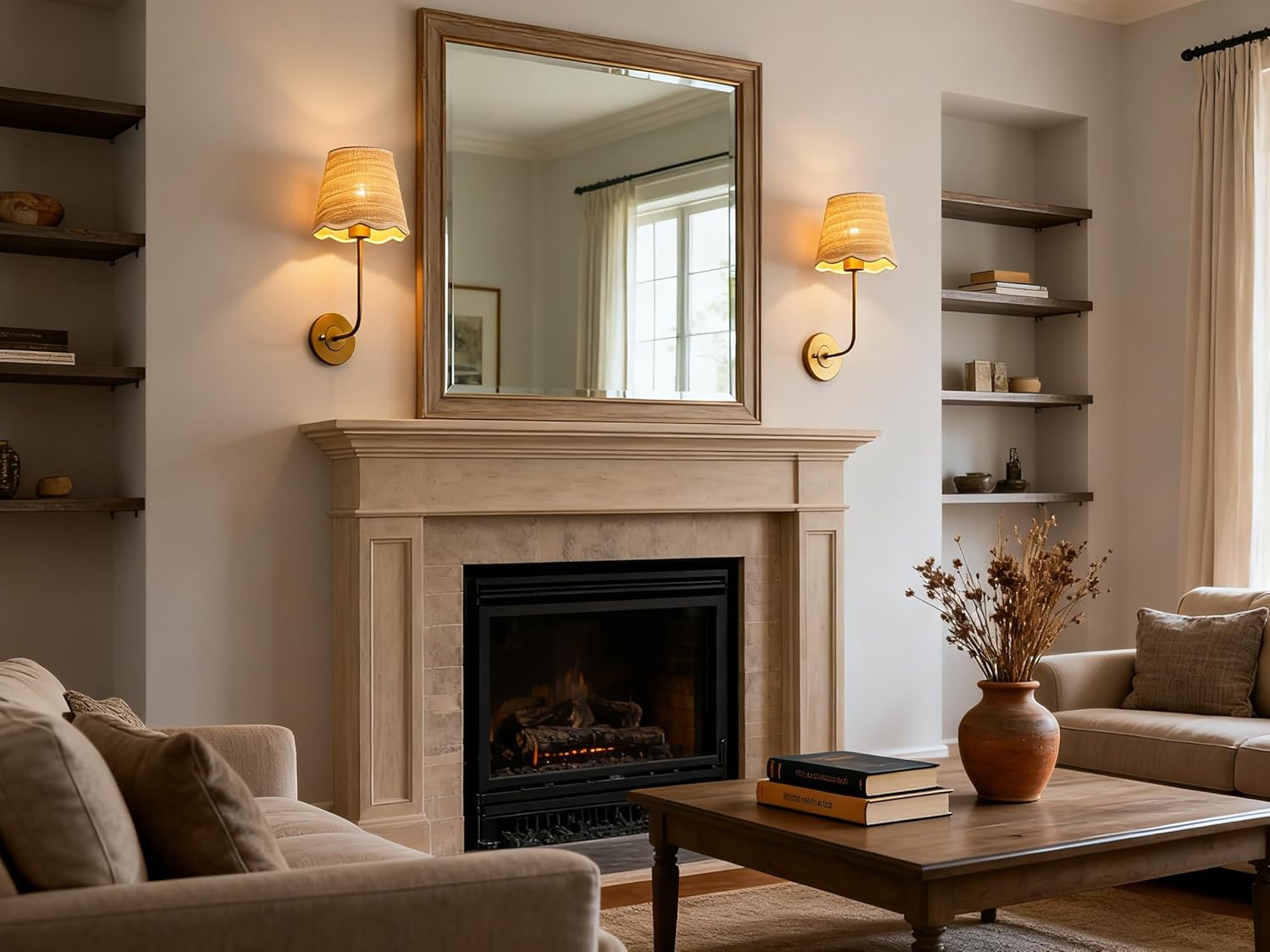 Phansthy Industrial Hardwired Wall Sconce Vintage Farmhouse Wall Light, Boho Brass Finished Wall Lamps with Natural Rattan Woven Lampshade for Bedroom, Living Room (Antique Gold, One-Light 2 Pack)